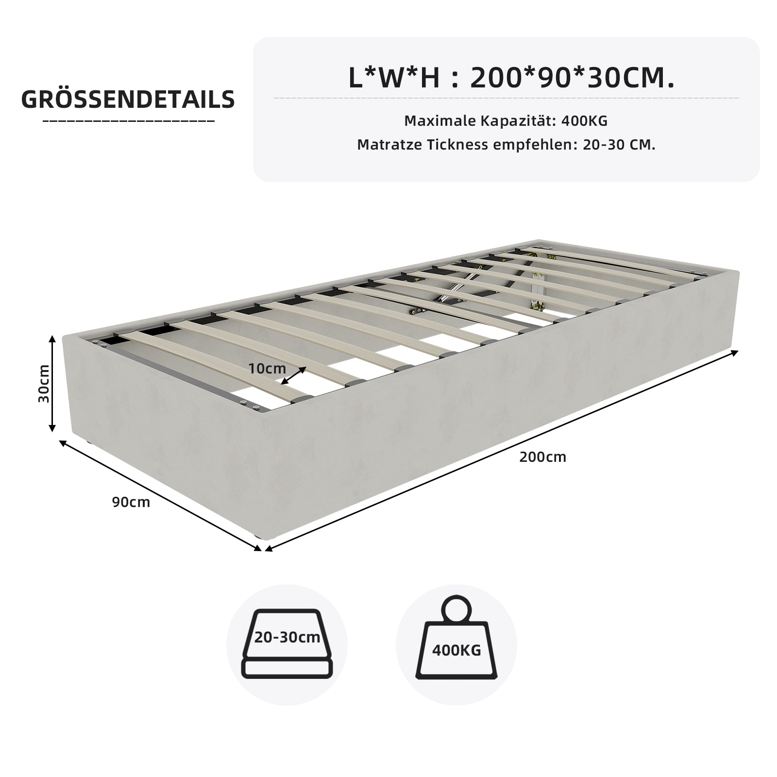 Modern Minimalist Bed Frame, 90x200 cm Gas Lift Storage, Beige Dutch Velvet