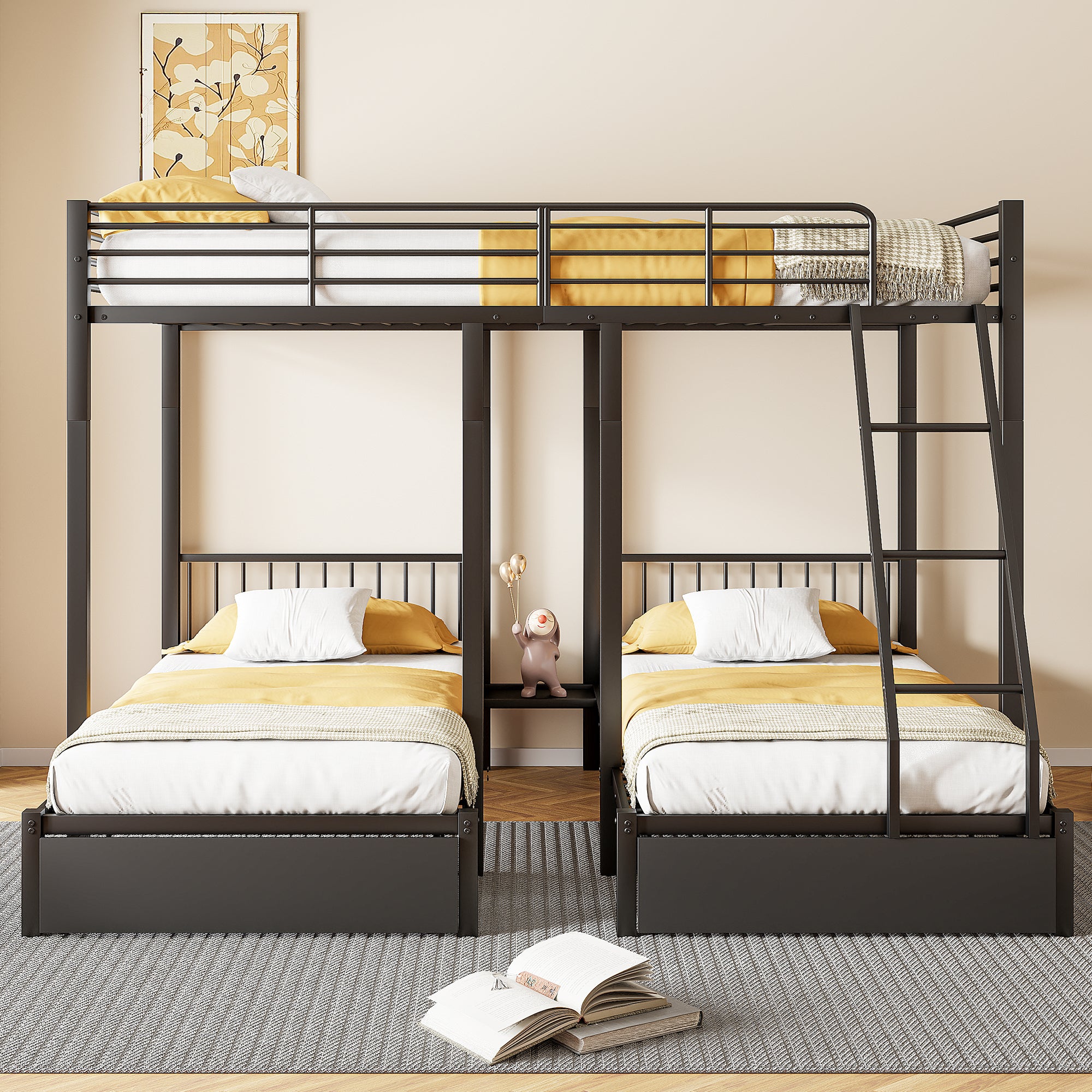 Triple Bunk Bed, Drawers, Convertible to Double & Two Single Beds, Metal, Black