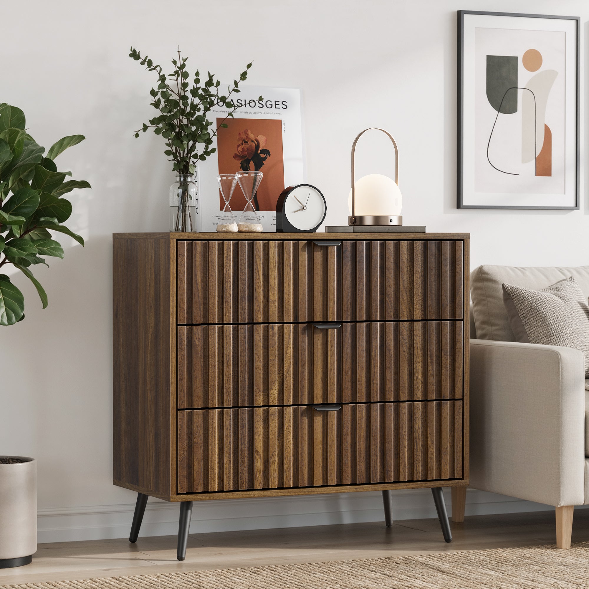 Chest of Drawers Storage Cabinet 3 Drawers Wooden Walnut Color