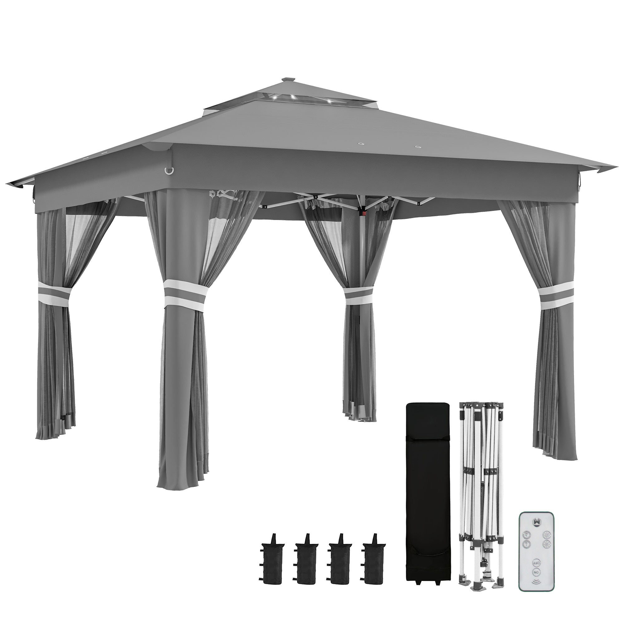 Folding Pavilion 3x3m LED Lighting Double Roof Net Curtains Dark Grey