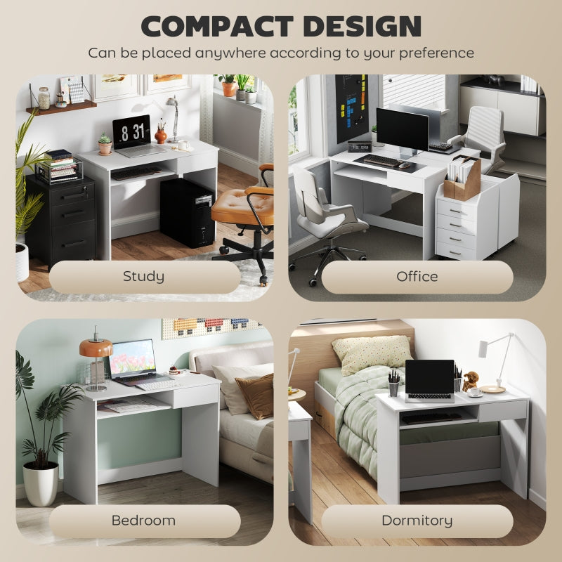 Computer Desk Compact 100cm with Keyboard Tray and Drawer, White