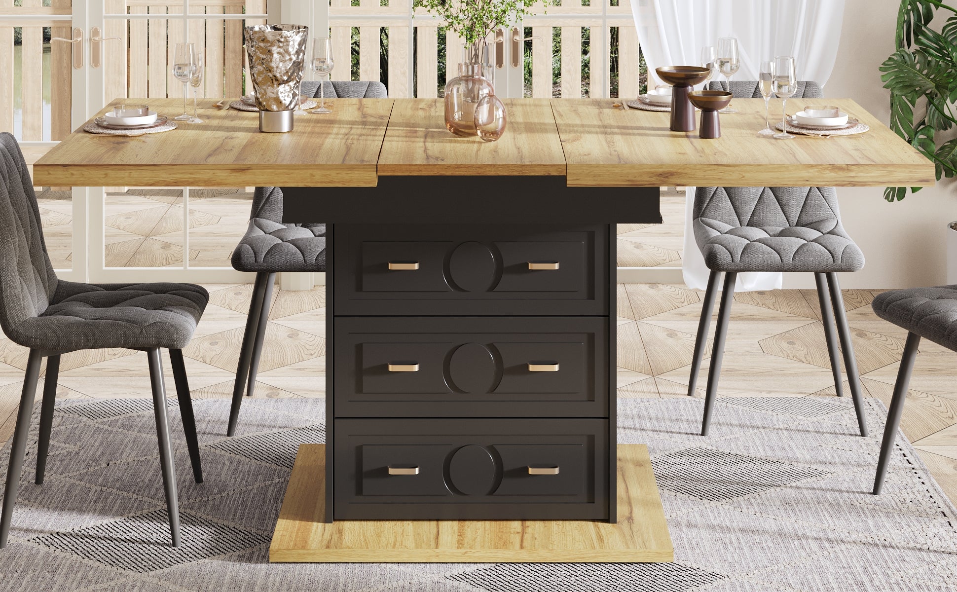 Extendable Dining Table 110-140x80cm 6 Person - Wood Grain