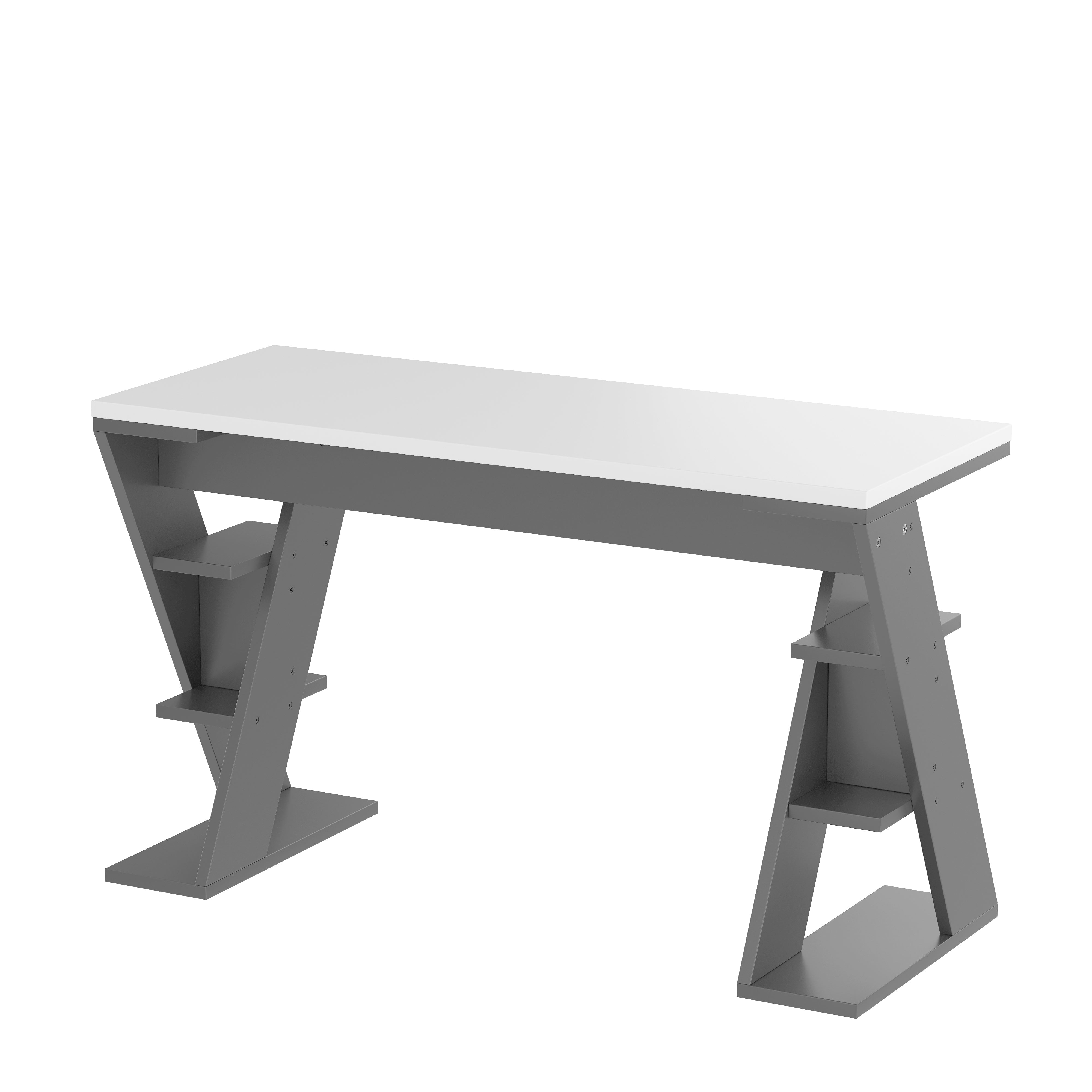 Simple Desk with X-Shaped Bracket and Storage Shelf, Grey and White