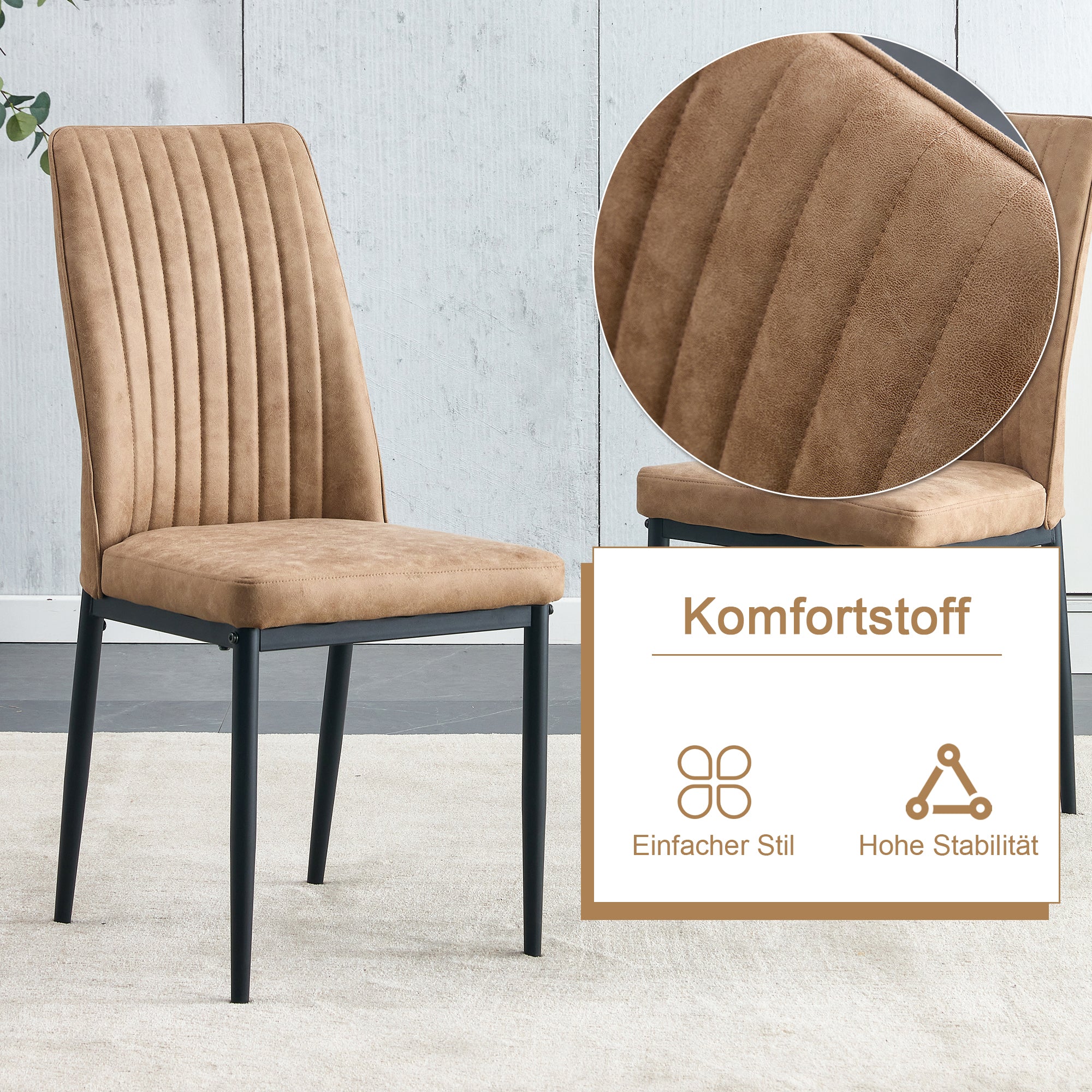 Dining Table Set, Minimalist 85cm Glass Table & 4 Chairs, Brown Tech Fabric