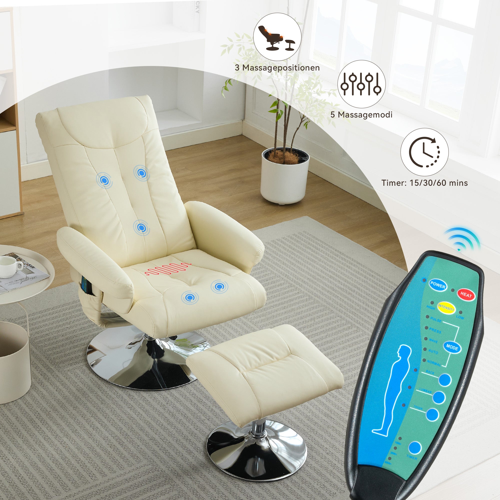 Recliner Chair with 5-Point Massage, Electric Heating, 360° Swivel, PU Fabric Beige