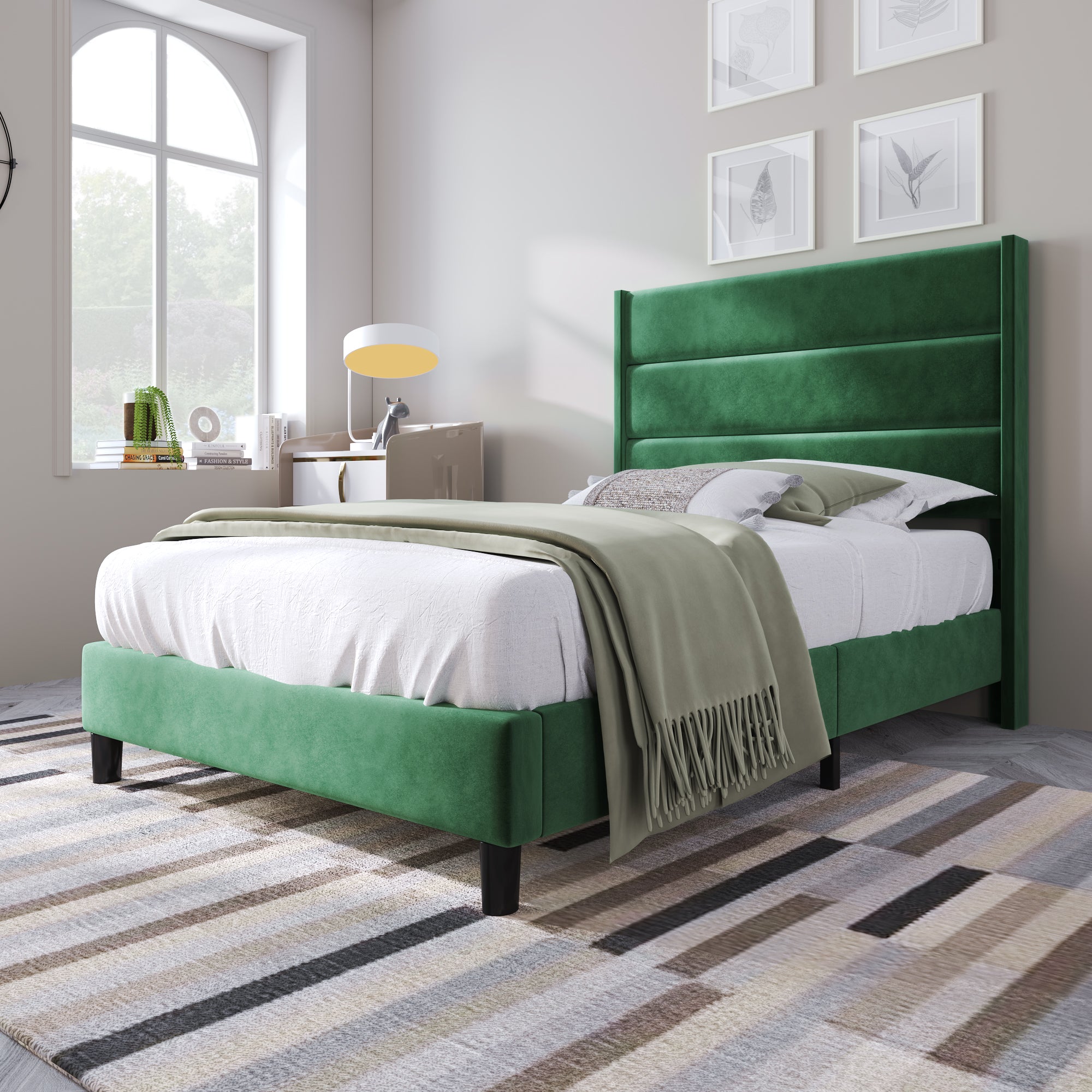 Upholstered Bed, 90 x 200 cm, Slatted Frame & Headboard, Velvet Dark Green