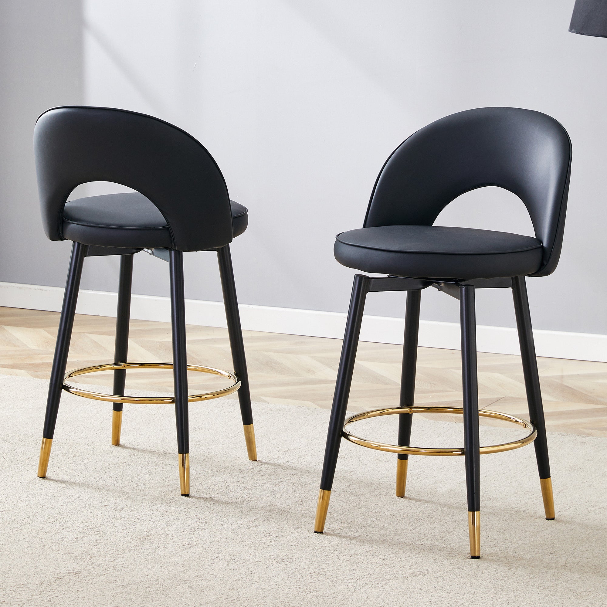 360° Swivel Bar Stool, Padded Seat with Openwork Backrest, Set of 2, Black PU Leather and Metal