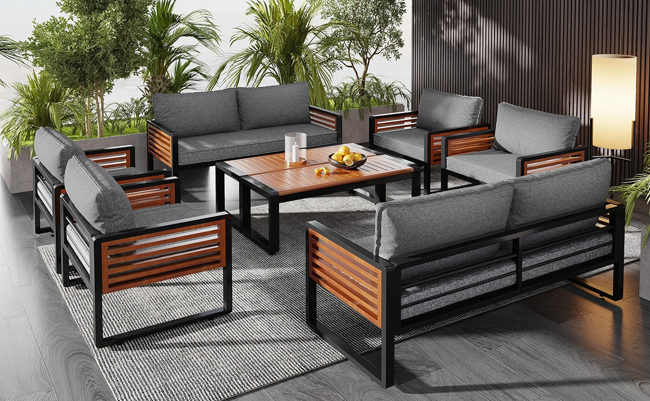 Garden Lounge Set 8-Piece Dining Set Galvanized Frame Wooden Armrests - Grey