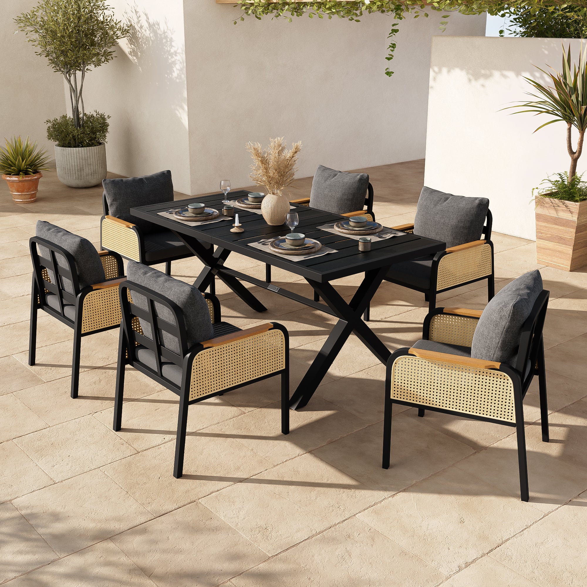 Modern Outdoor Sofa Set with Woven Armrests and Seat Cushions, Iron Frame