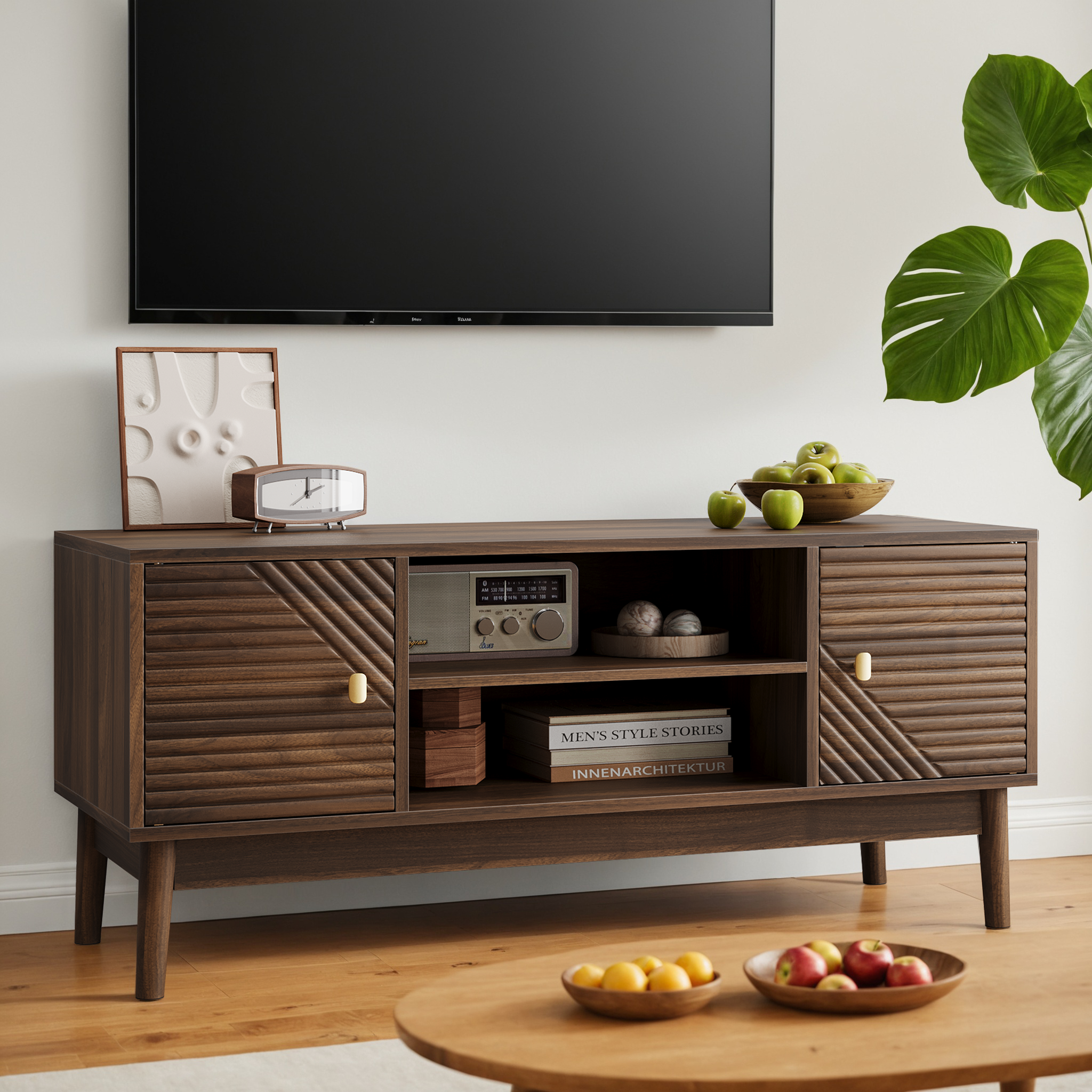 TV Stand, 110cm Mid-Century Modern with Storage Space, Walnut