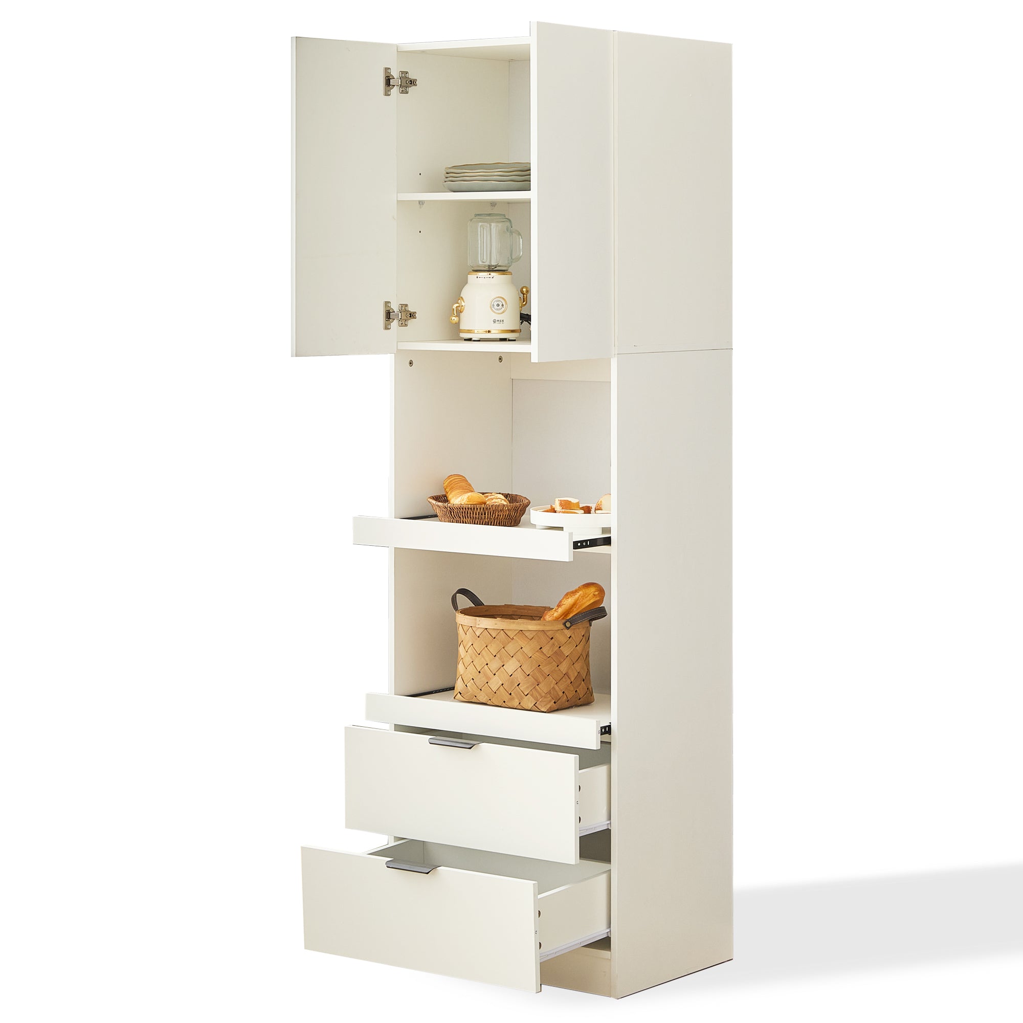 Tall Storage Cabinet 200cm High Doors Drawers Microwave Shelf - White