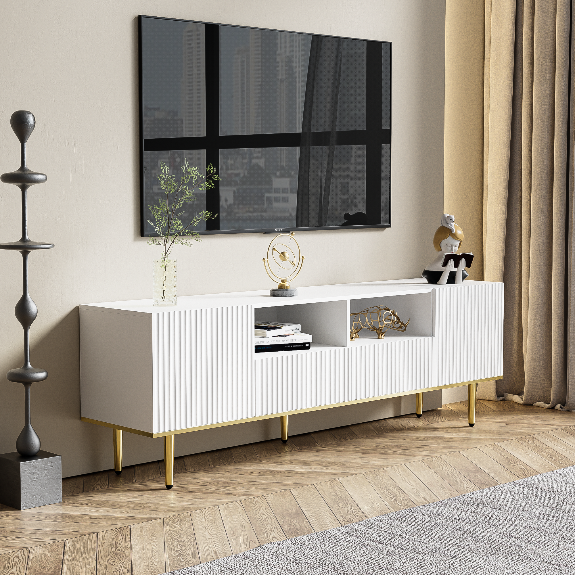 TV Cabinet, Modern with Gold Legs and Trim, Gold