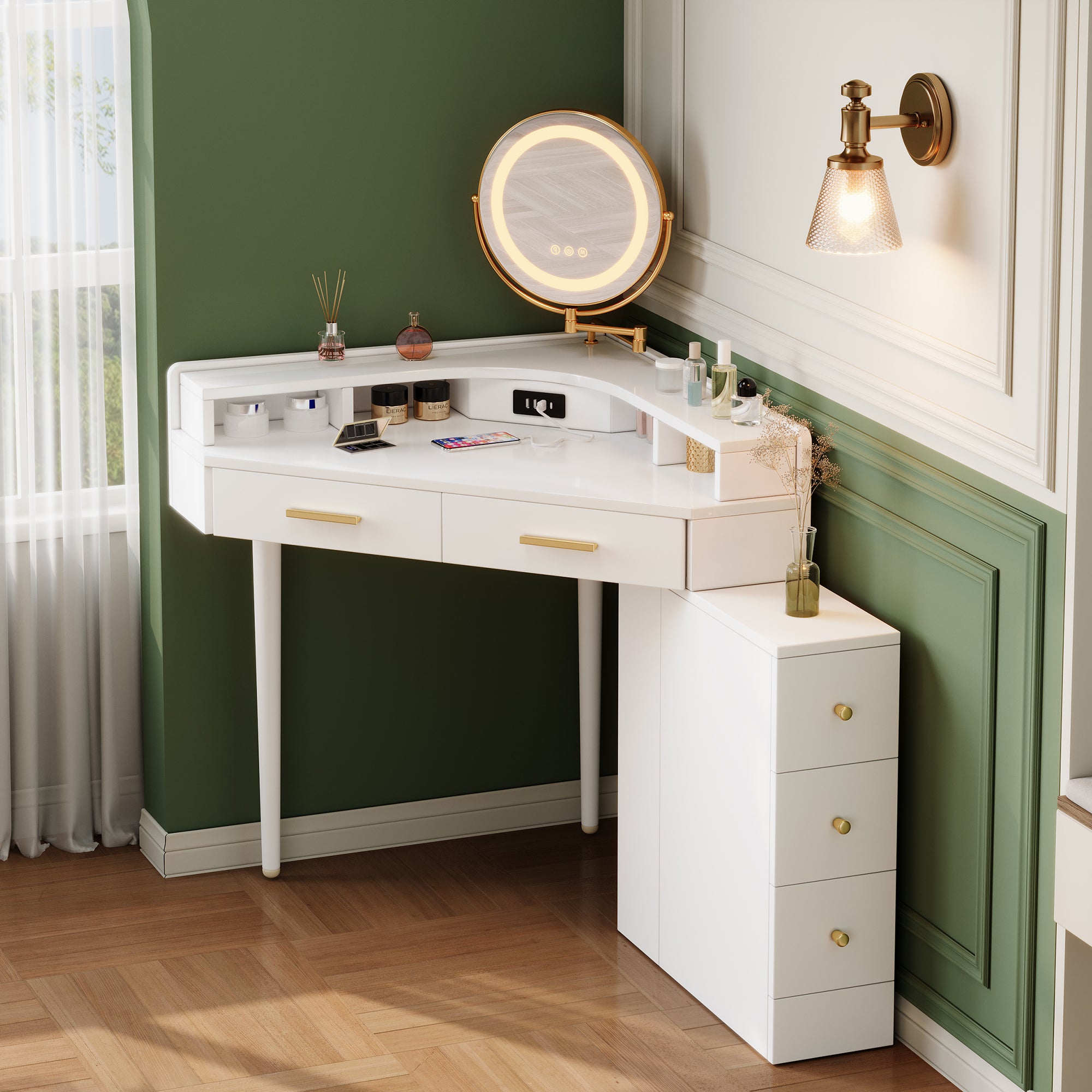 Corner Dressing Table Rotating LED Mirror 5 Drawers USB-C Ports White
