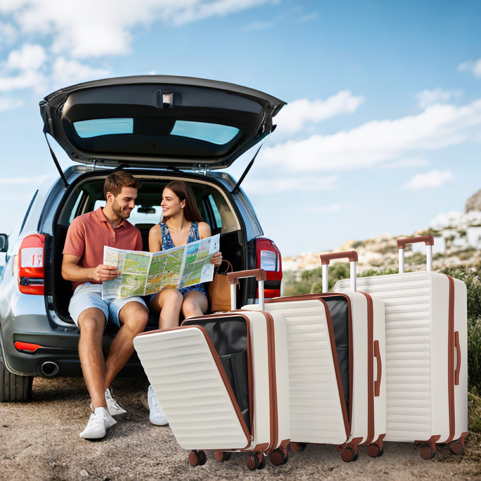 Three-piece Luggage Set - Front-Opening, Cup Holders, TSA Lock, 360° Wheels, ABS