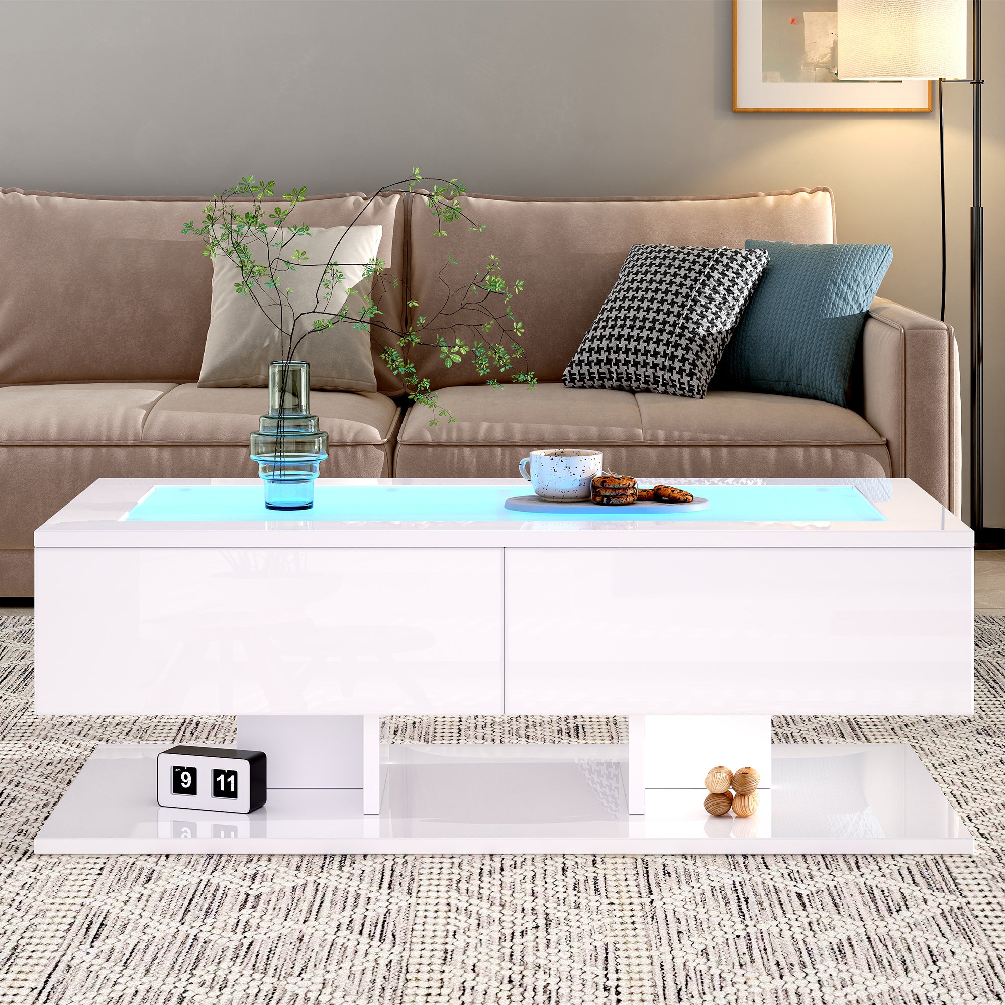 Coffee Table 100x50x35cm, High-Gloss with Drawers, LED Light & Glass Top, White