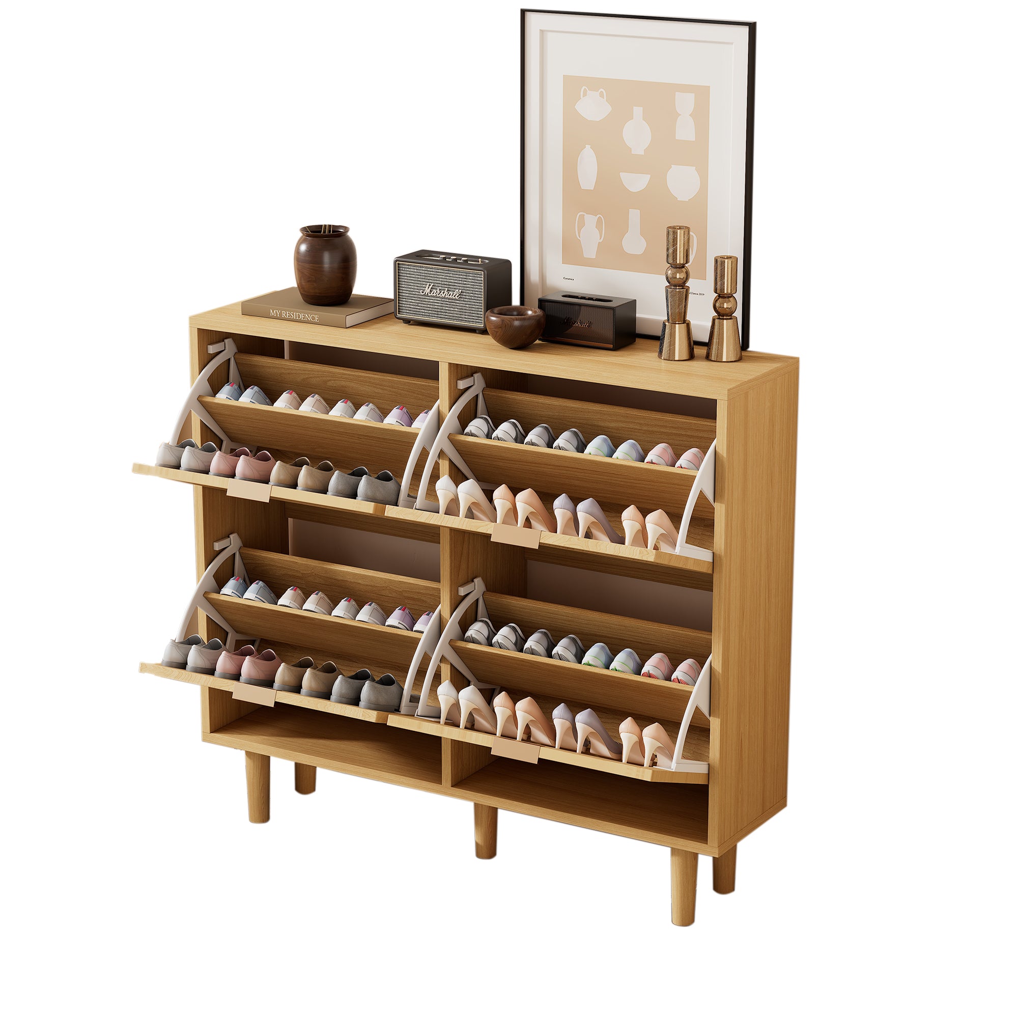 Shoe Cabinet with 4 Folding Drawers, Rattan and Wooden