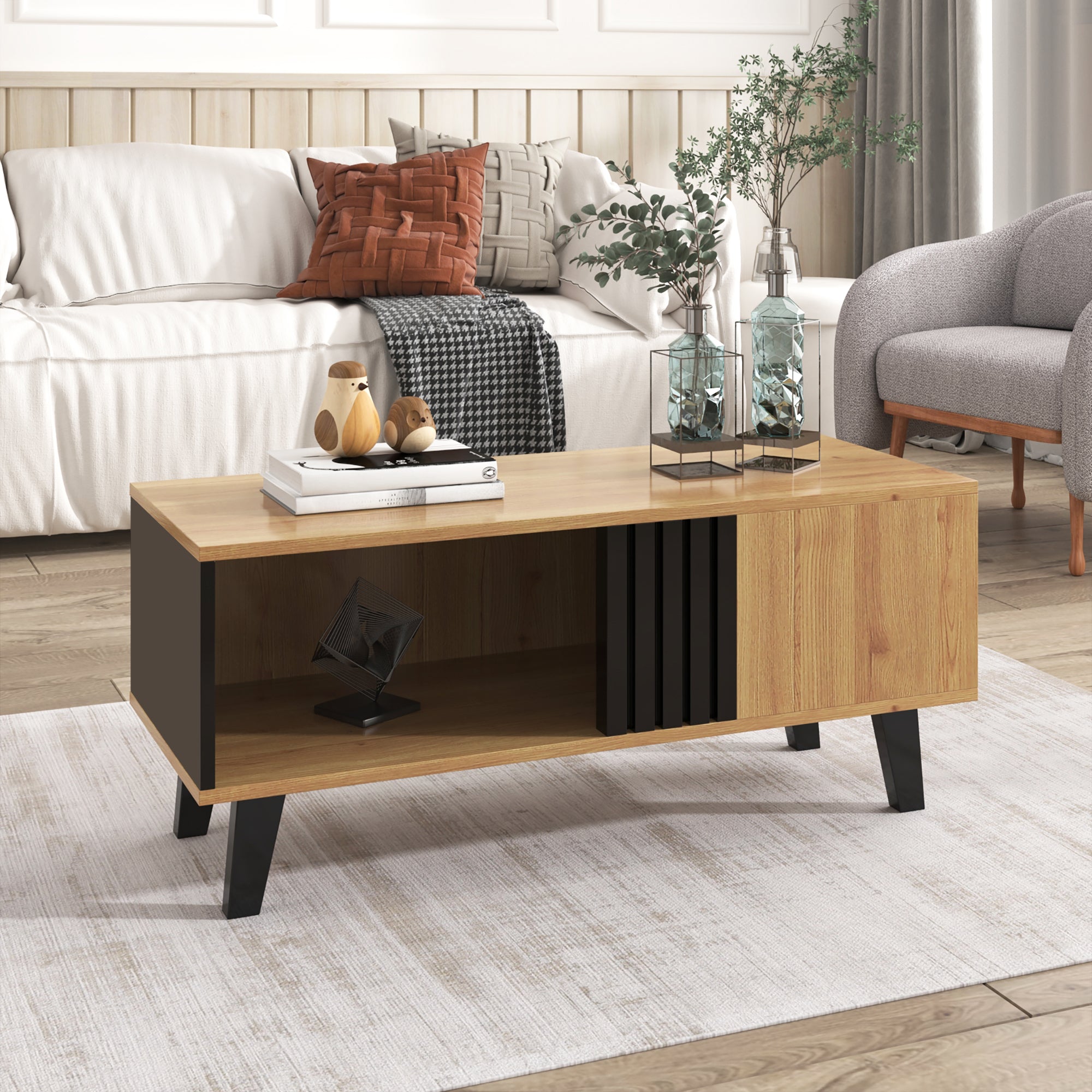 Coffee Table with Drawers and Side Storage, 100 x 60 x 45 cm, Black and Wood