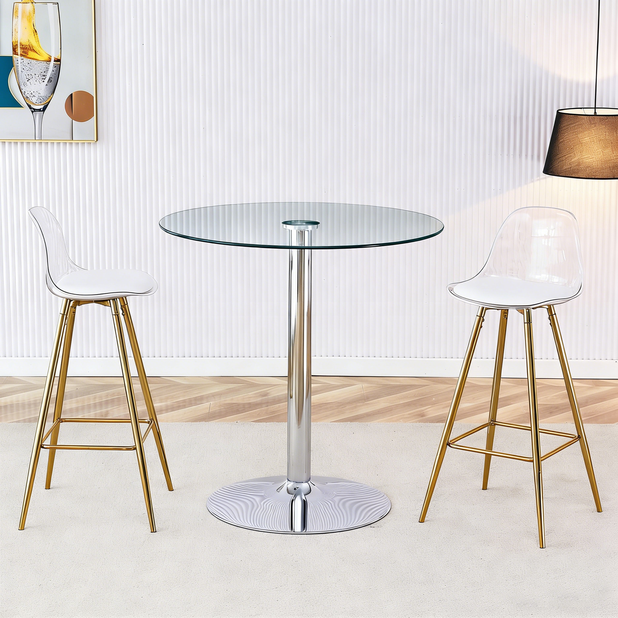 Flexible Bar Set: Round Glass Table 89 cm + 2 Bar Stools, Gold-Colored Legs