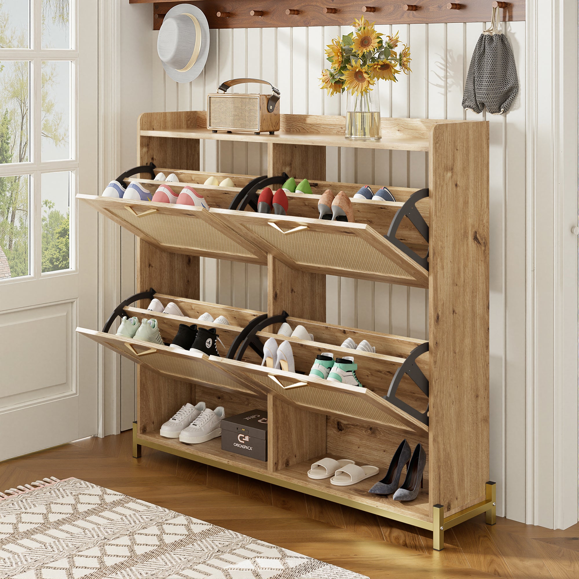 Elegant Shoe Cabinet 4 Doors Metal Frame Top Shelf Wooden Rattan