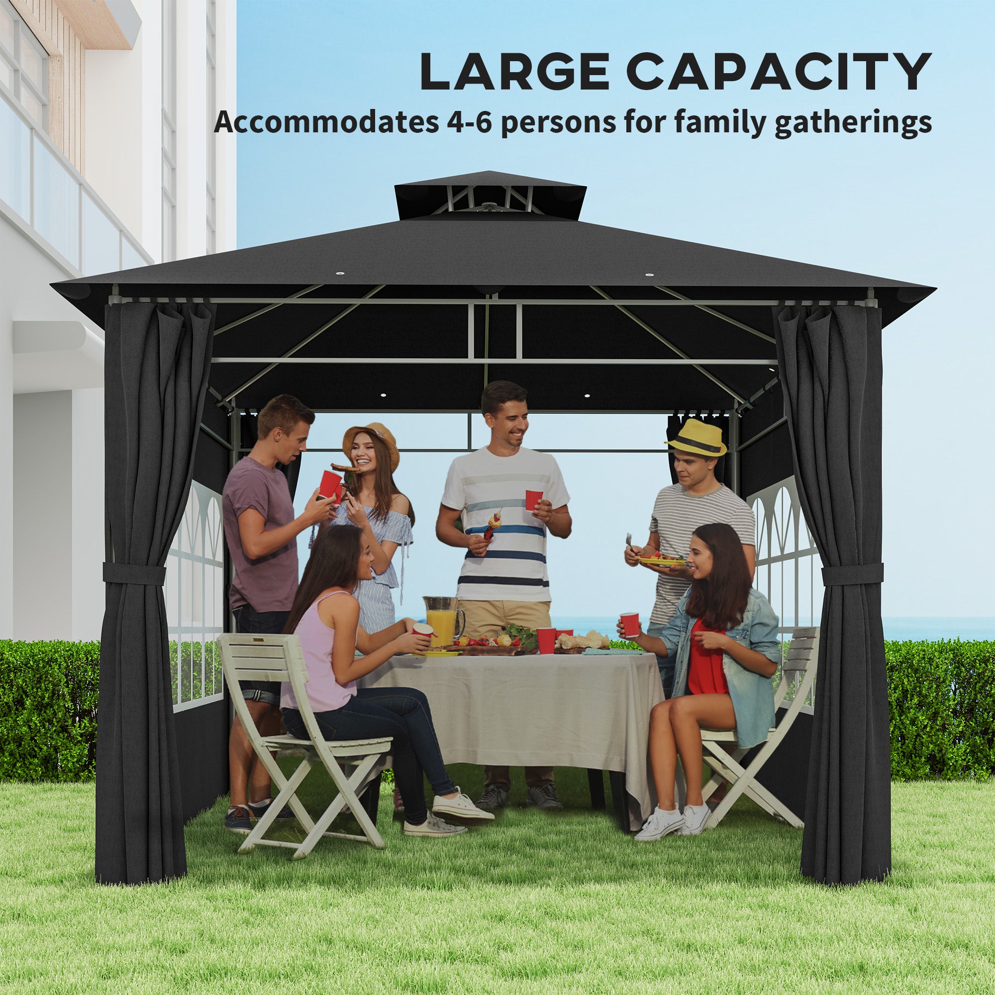 3 x 3 m Garden Gazebo, Double Roof with Removable Sidewalls and Church Windows, Black