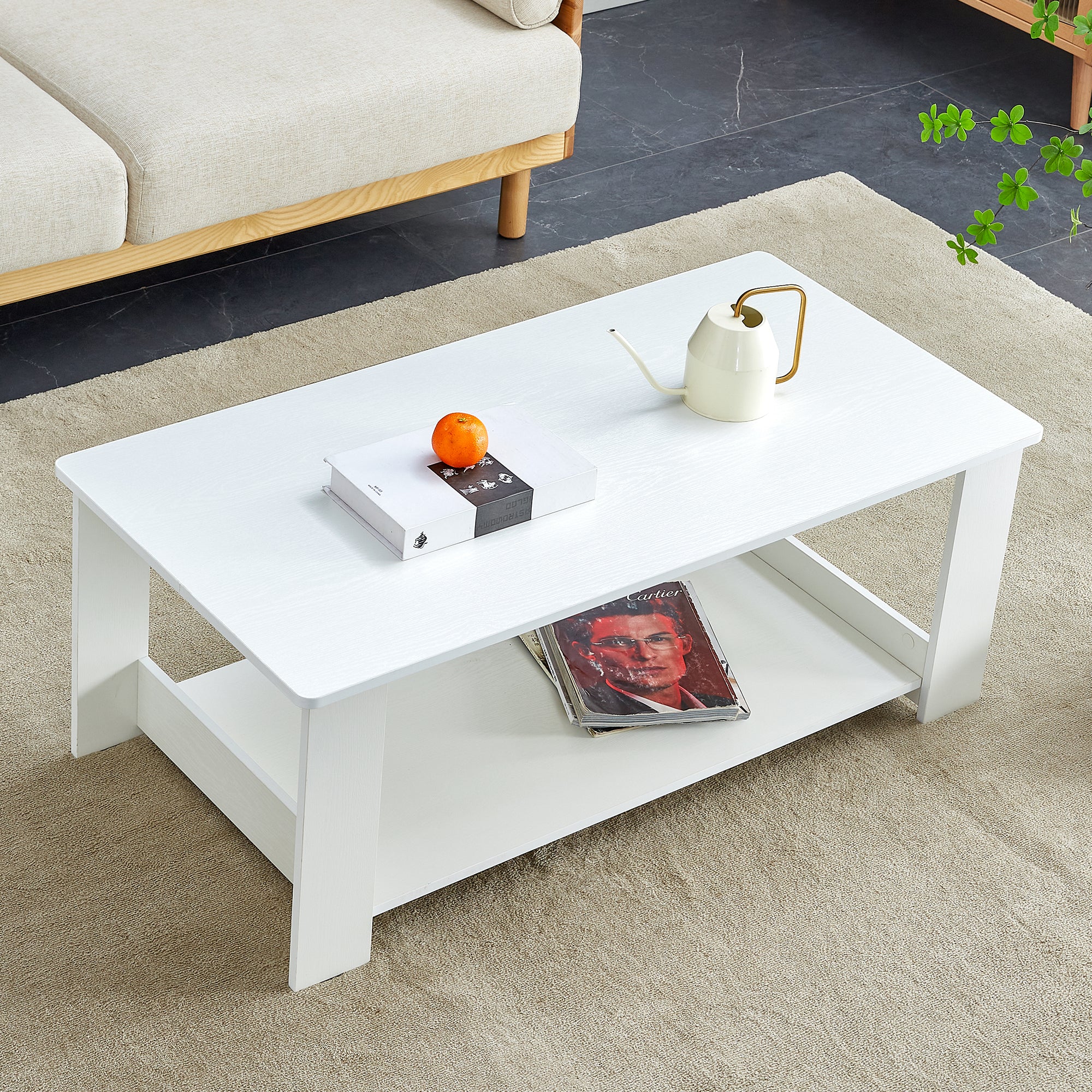 Side Table Modern Simple 110x55x42cm 2-Tier Storage White Wood Grain