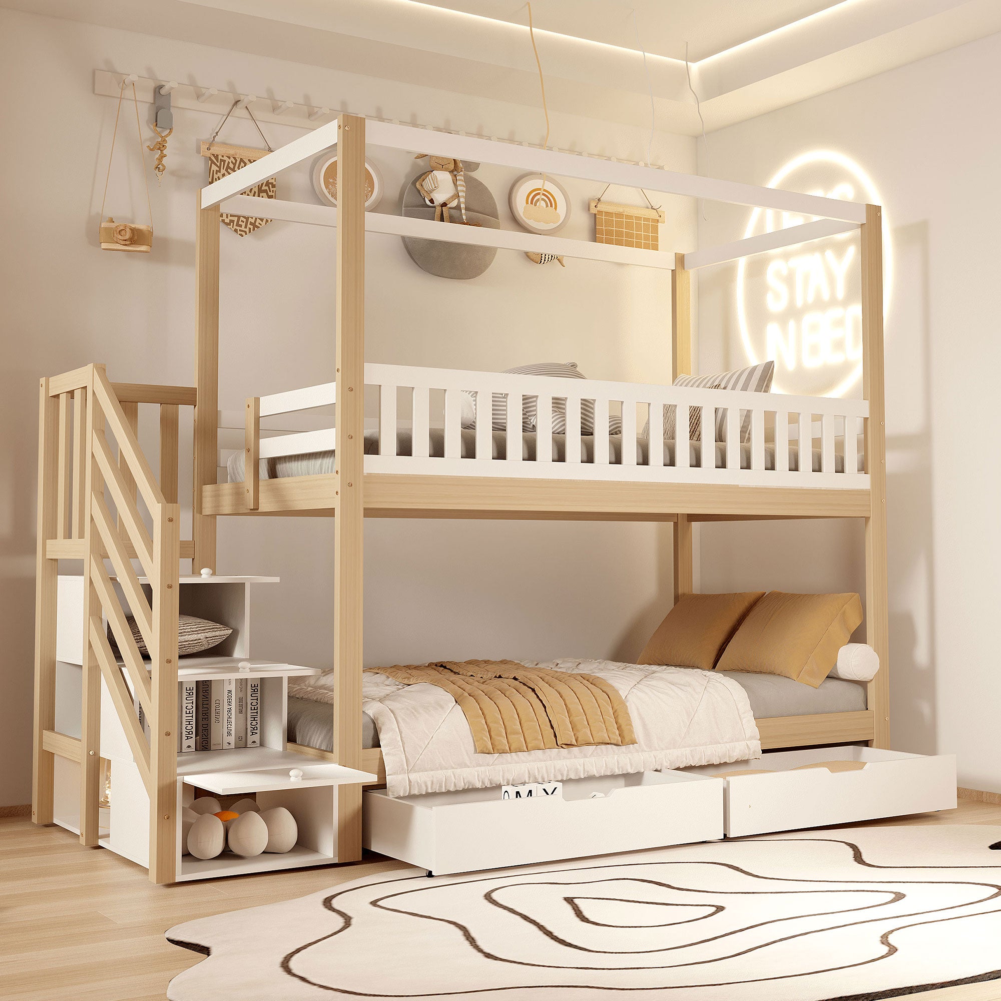 Bunk Bed, 90x200cm Solid Wood Double with Storage & Ladder, White & Wood