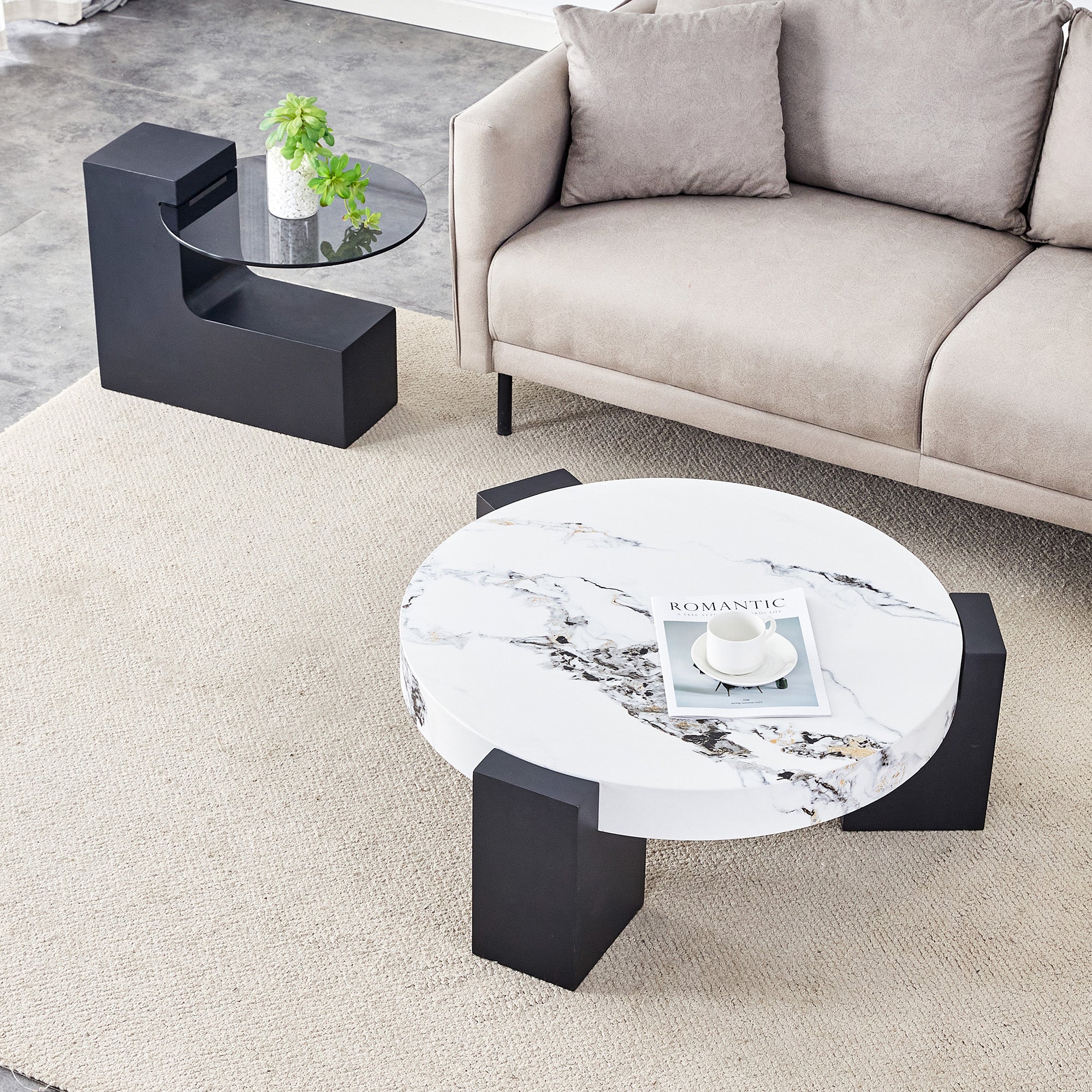 Round Side Table Two Levels Grey Glass Marble Effect Top - Black MDF