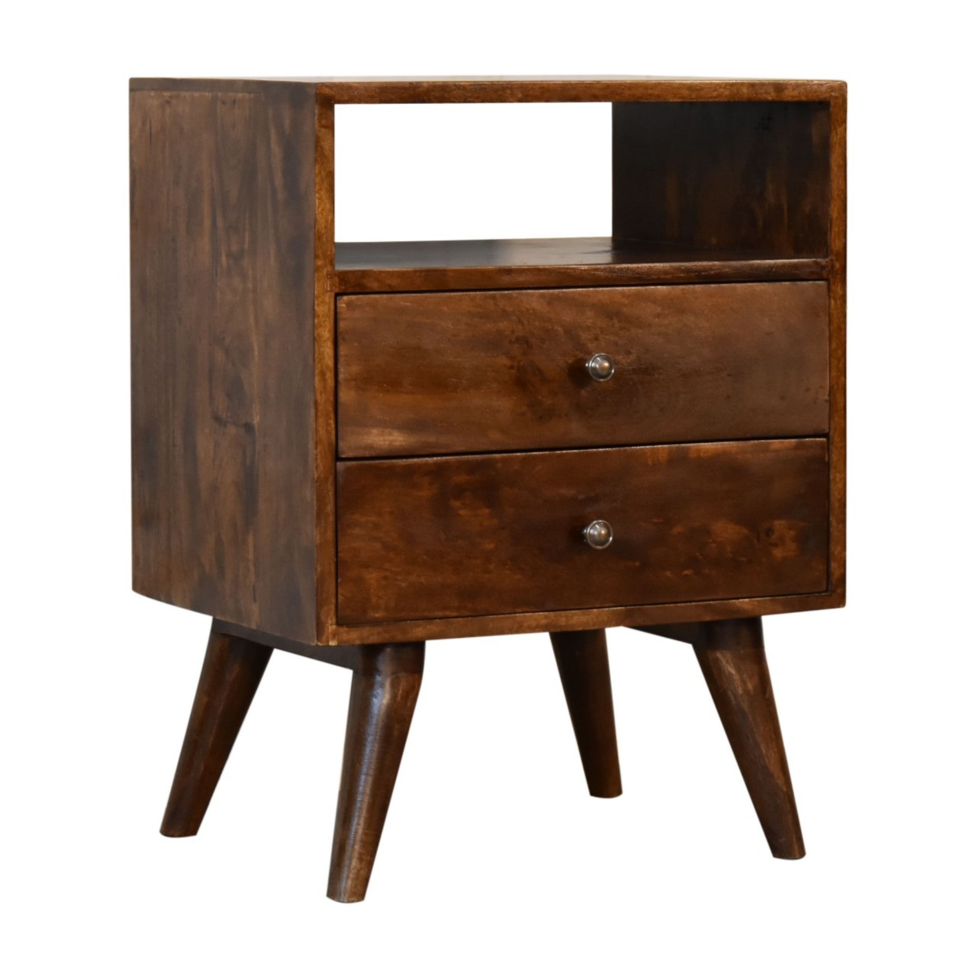 Solid Wood Classic Chestnut Bedside 2 Drawers Open Slot Dark Brown