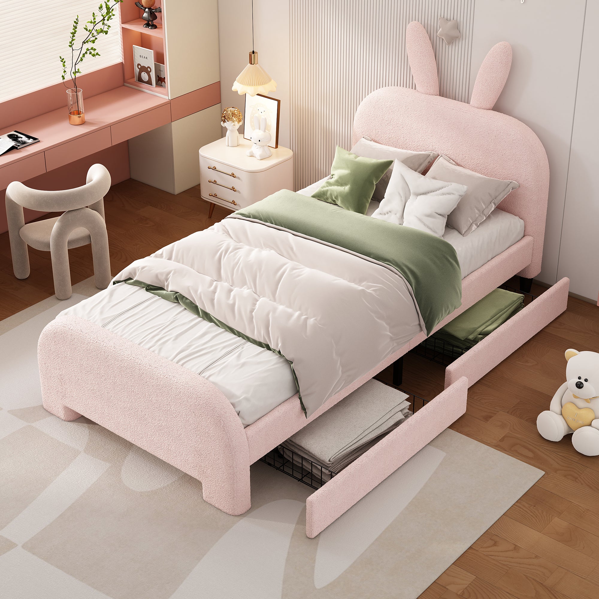 Flat Bed 90x200cm Cartoon Rabbit Shape 2 Drawers - Pink