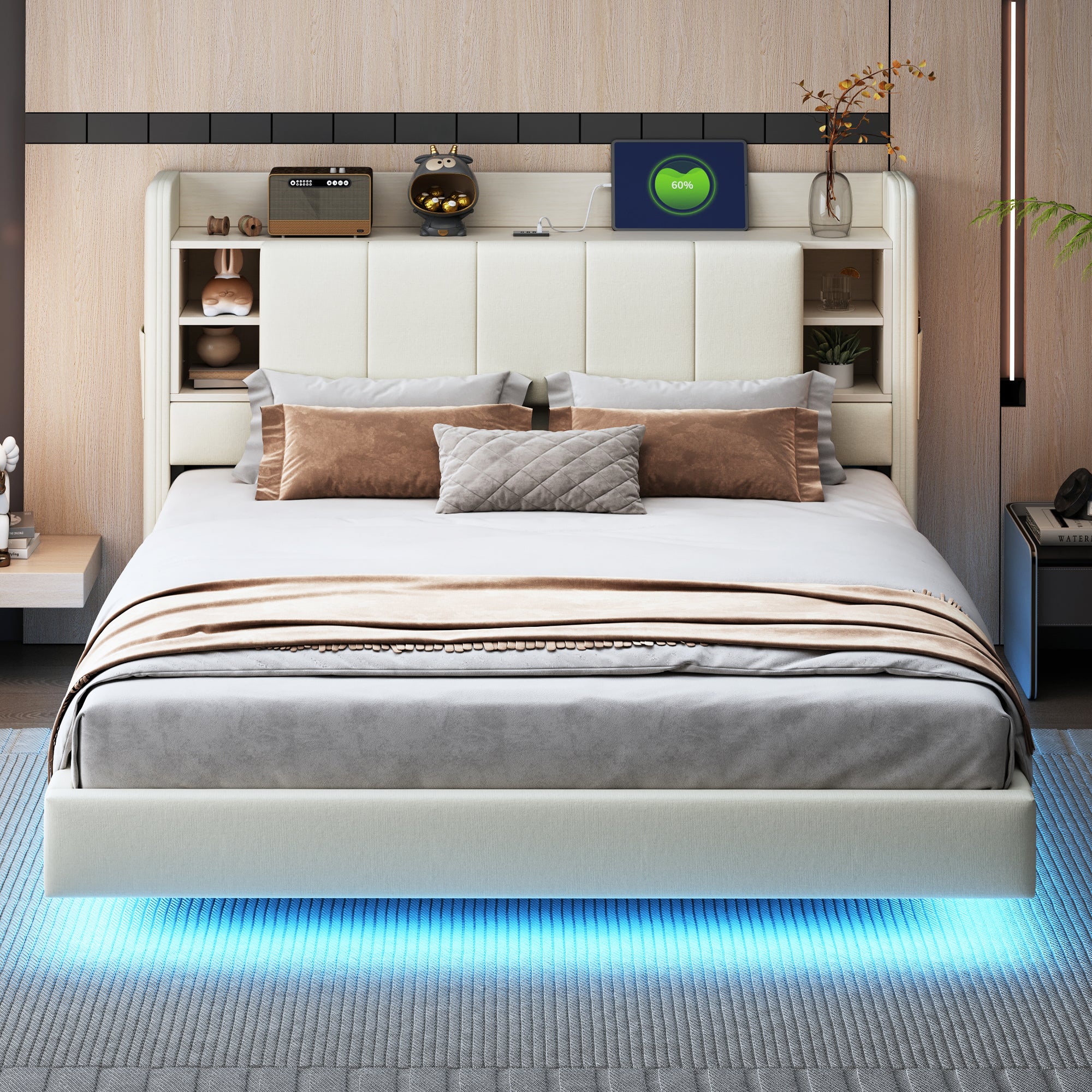 Upholstered Bed 160 x 200 cm, USB Socket, Light Strip, Reversible Headboard, Beige Linen Fabric