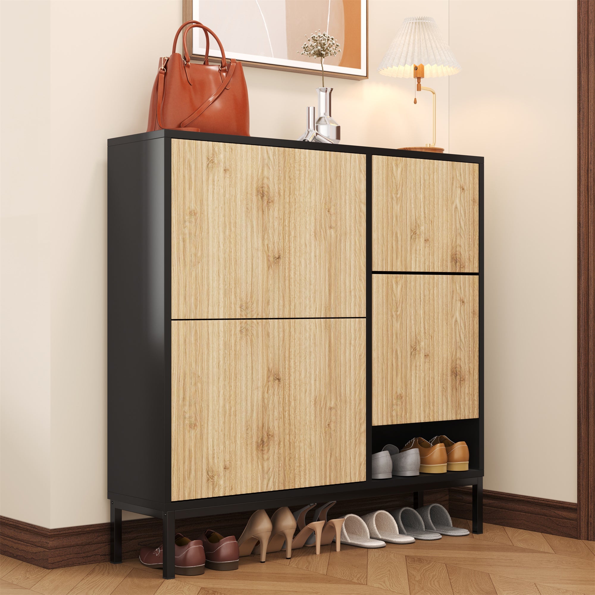 Shoe Cabinet with Changing Stool, 3 Flaps & Open Storage, Black + Wood Color