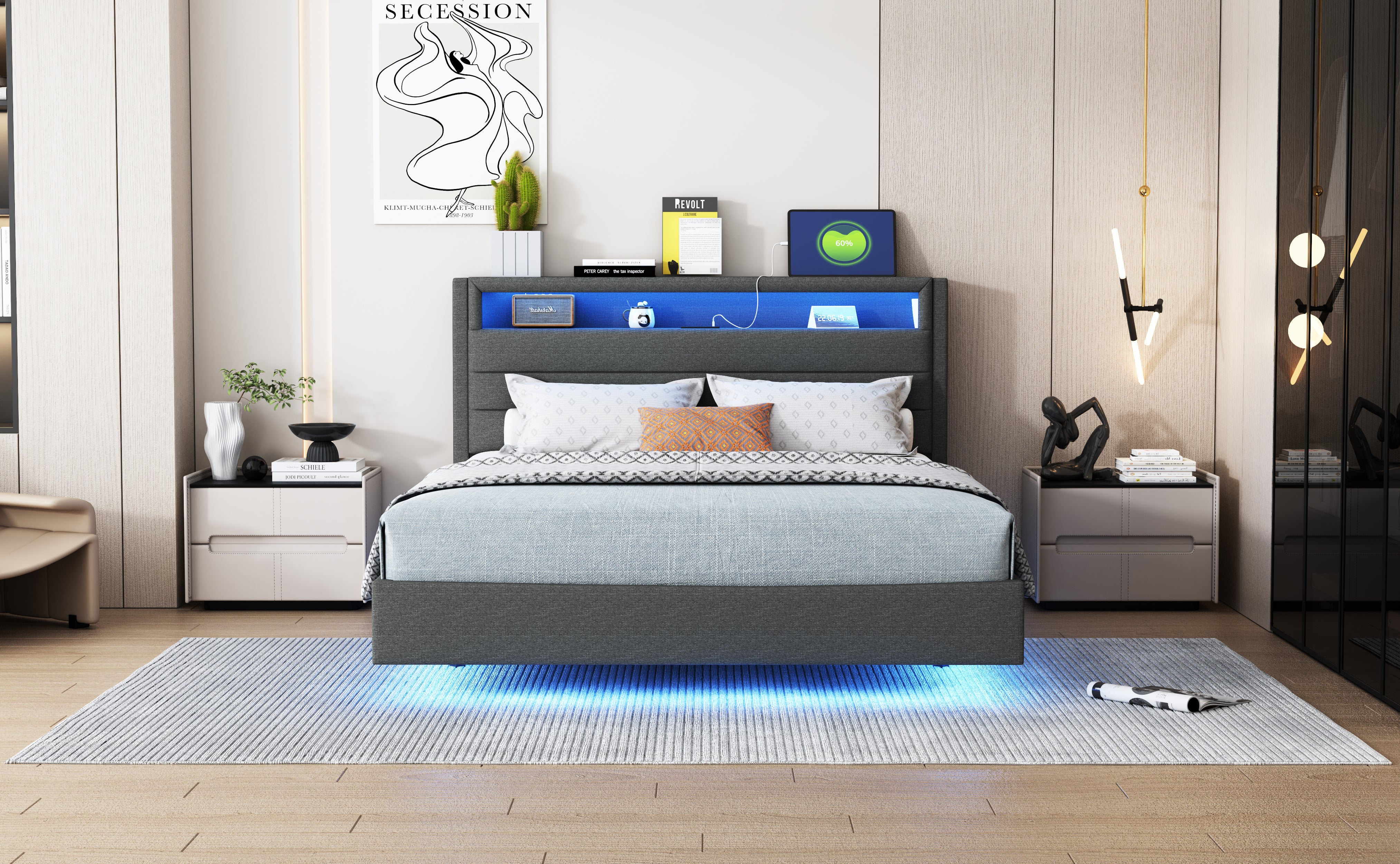 Upholstered Bed 140x200cm, USB & LED, Reversible Headboard, Linen Fabric Grey