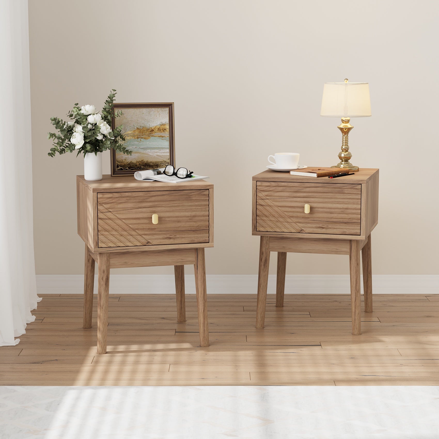 Nightstand Set of 2, Mid-Century Modern Metal Handles 40x40x55cm, Oak-Colored