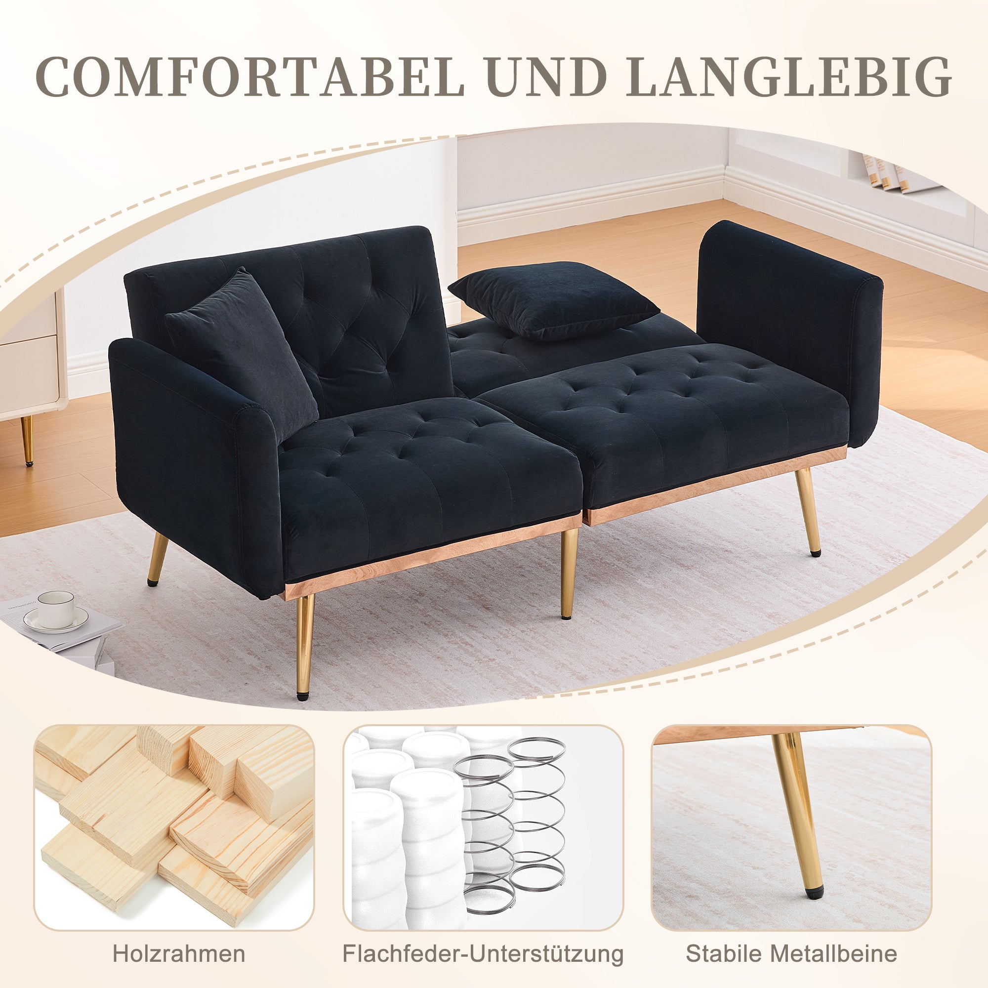 Loveseat, 2-Seater Sofa Bed with Adjustable Backrest, Black Velvet