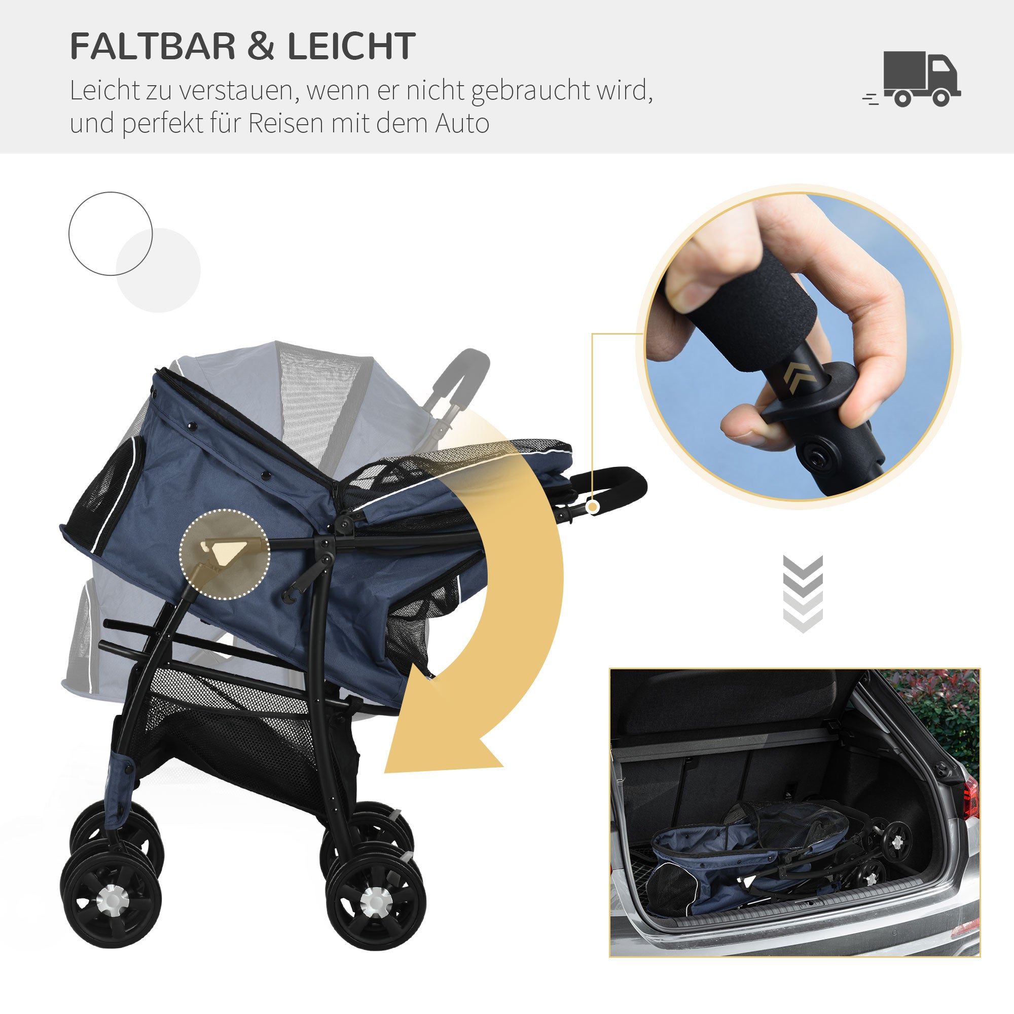 Dog Stroller, Foldable Buggy with Cushion, 4 Wheels, 600D Oxford Material