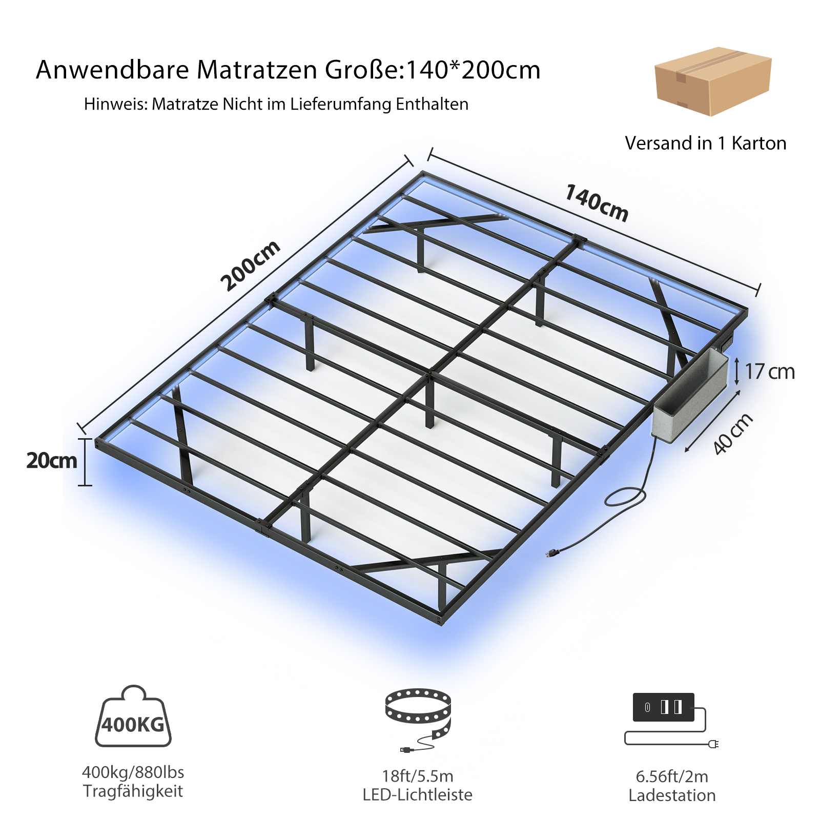 Floating Metal Bed 140x200cm, LED Lights, Black