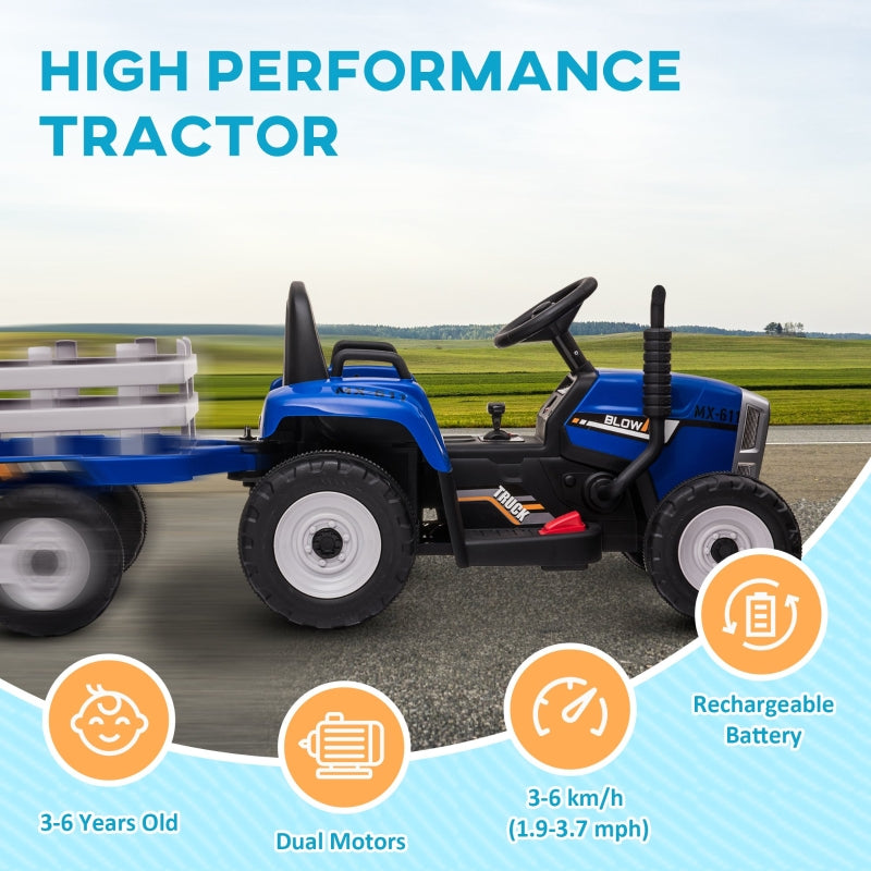 Ride On Tractor, Electric Car with Detachable Trailer & Remote Control - Blue