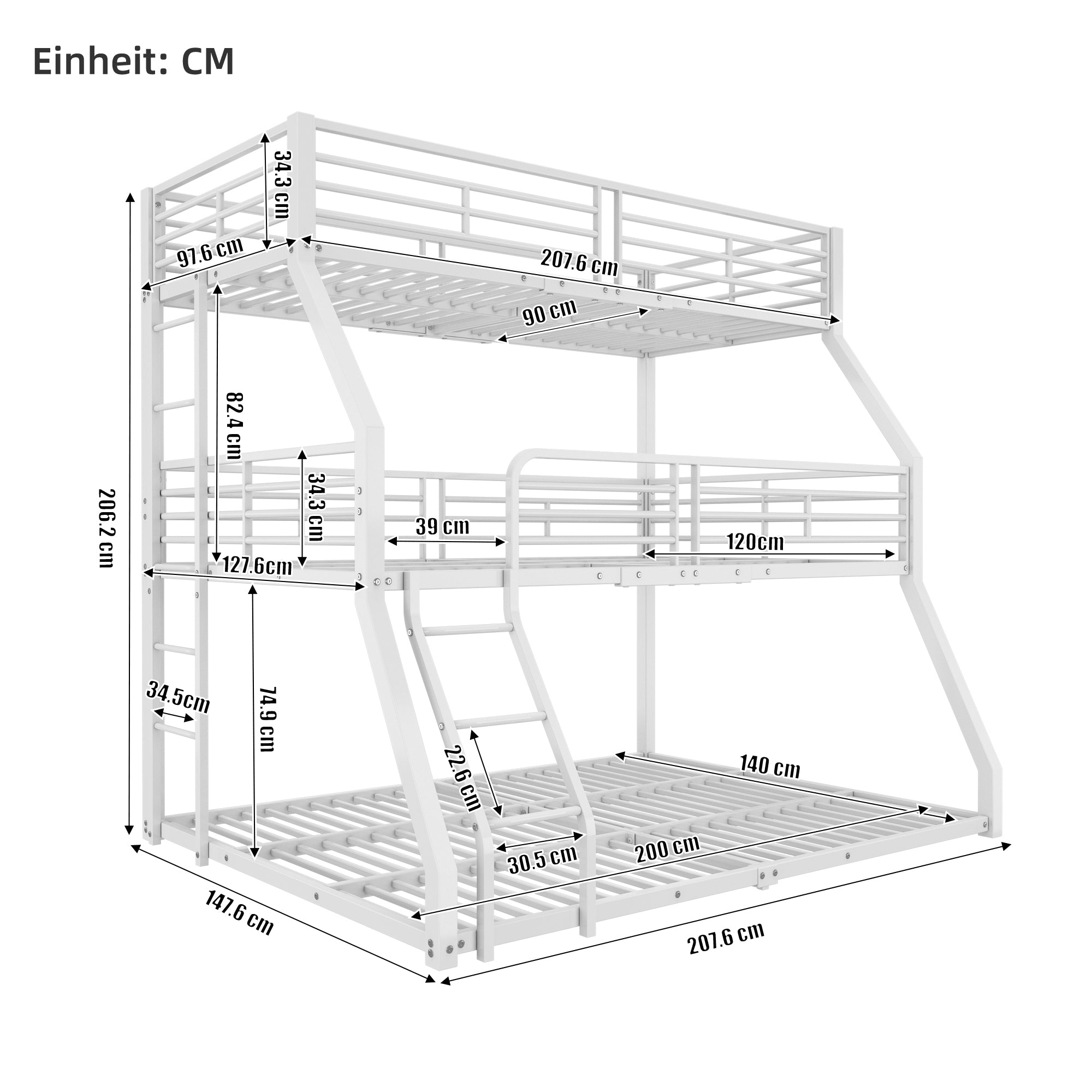 Triple Bunk Bed Metal Frame Multi-Size - White