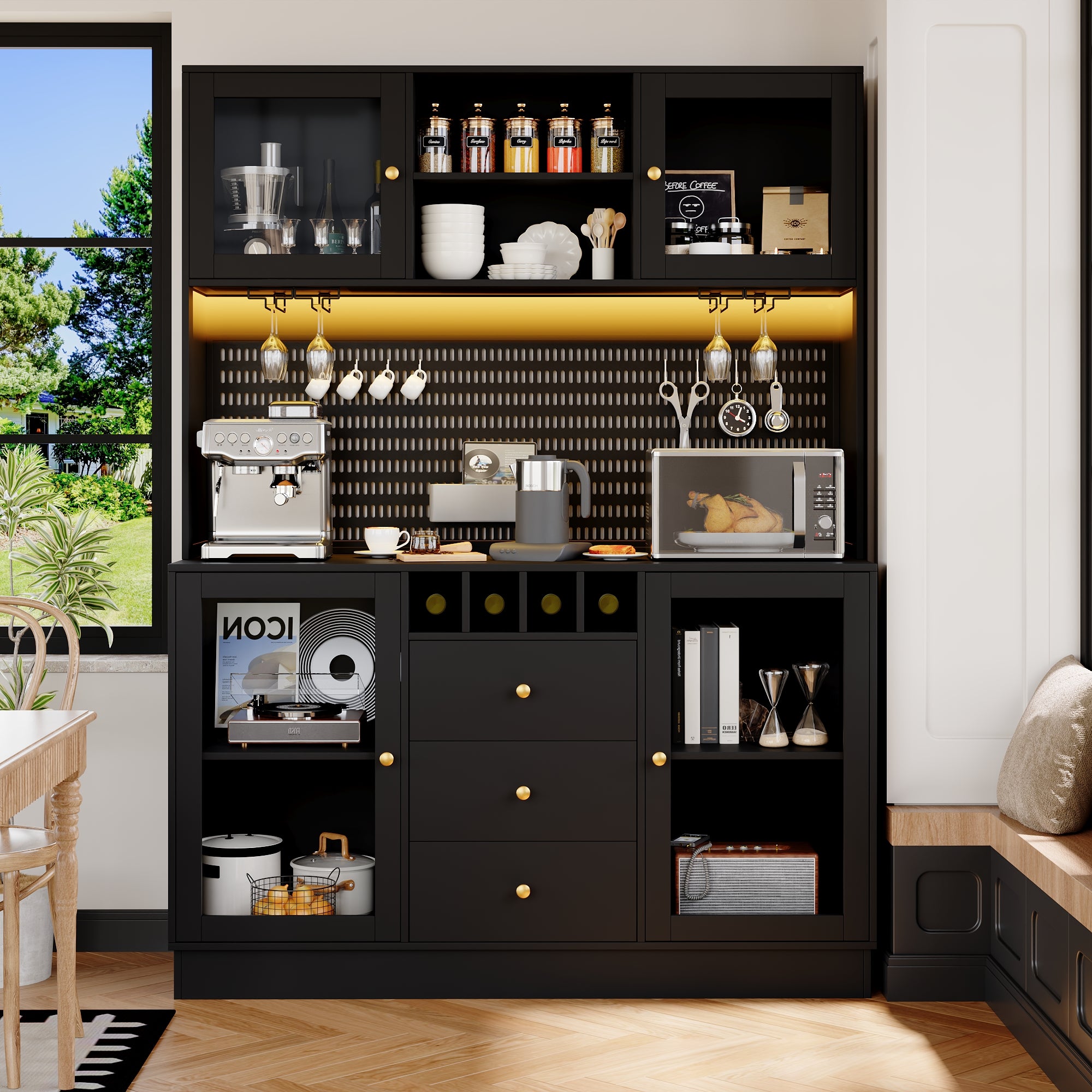 Modern Tall Cabinet with Smart LED Lighting, Wine Rack and Adjustable Shelves, Black