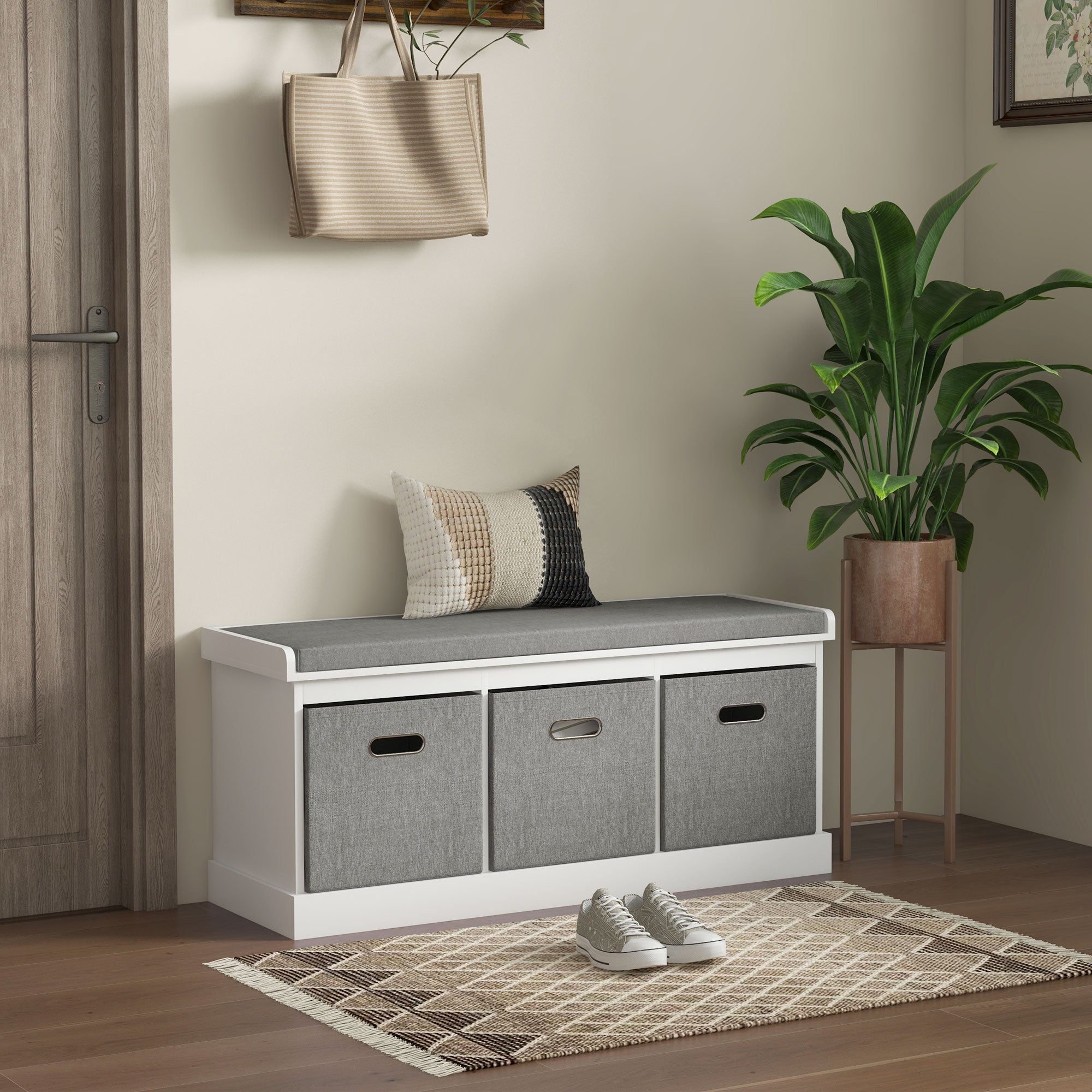 Shoe Storage Bench, Three-Drawer Padded Seat - White