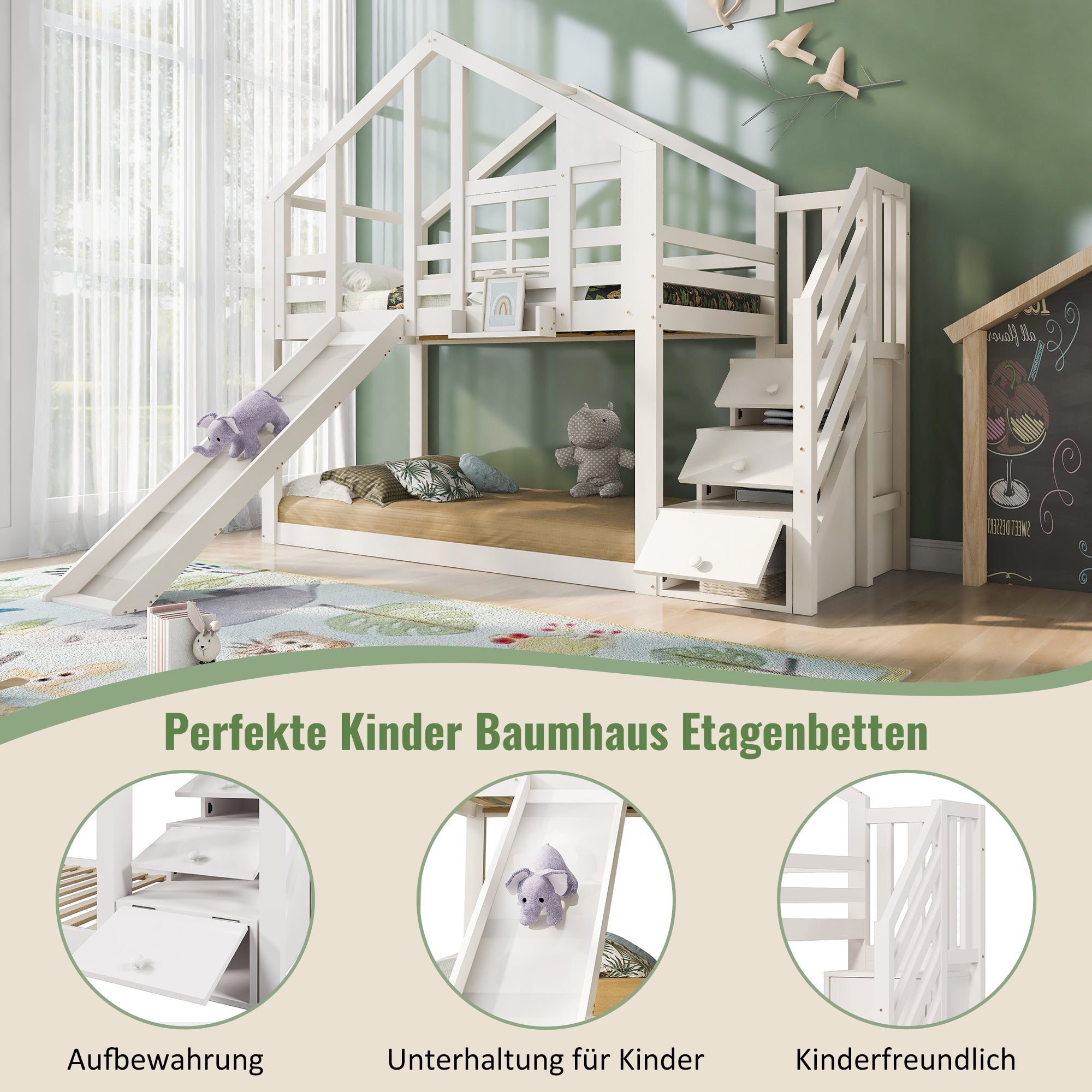 Children's Treehouse Bunk Bed 90x200cm Window Design Slide Fall Protection White