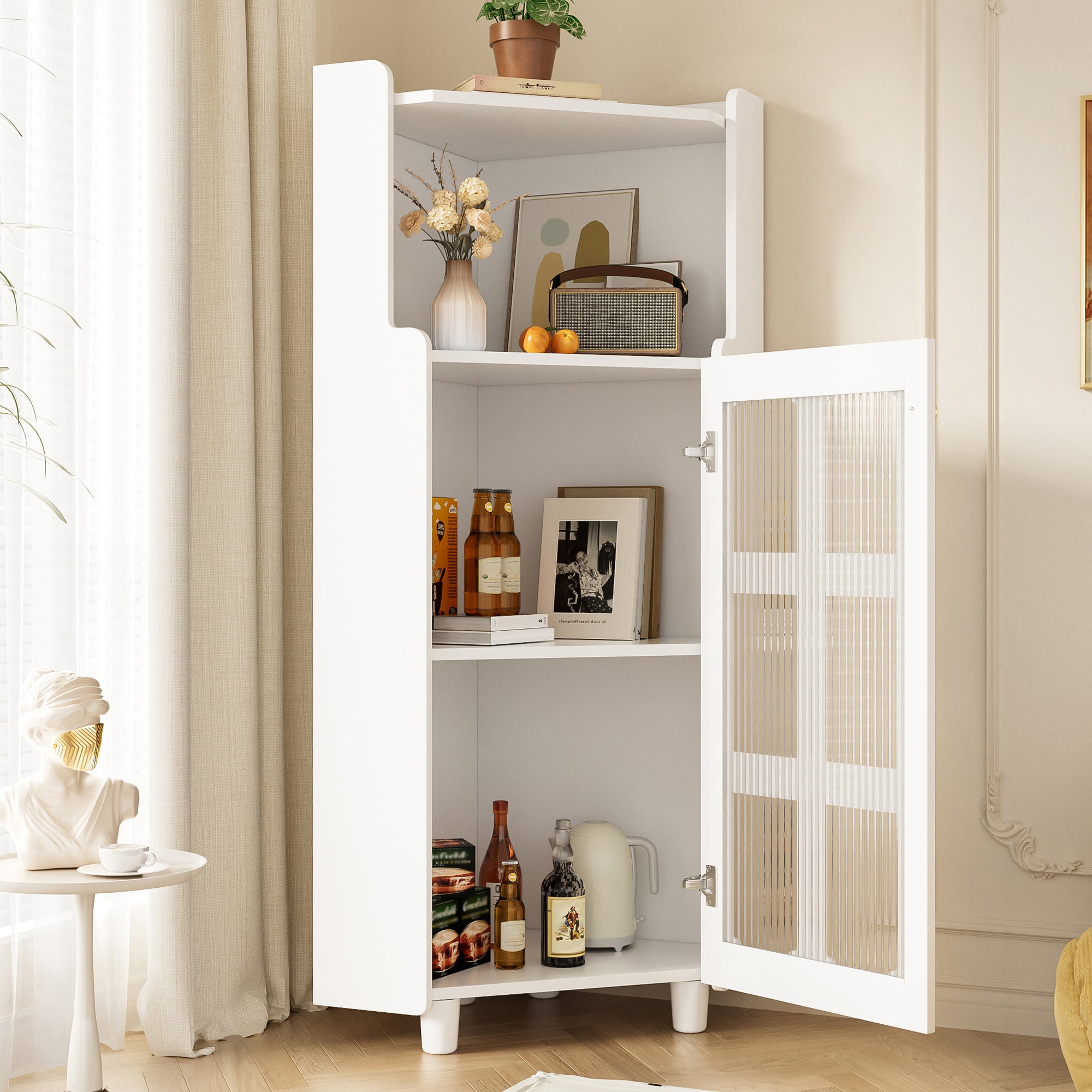 Corner Cabinet LED Lighting App Control Lacquered 63.5x124cm - White