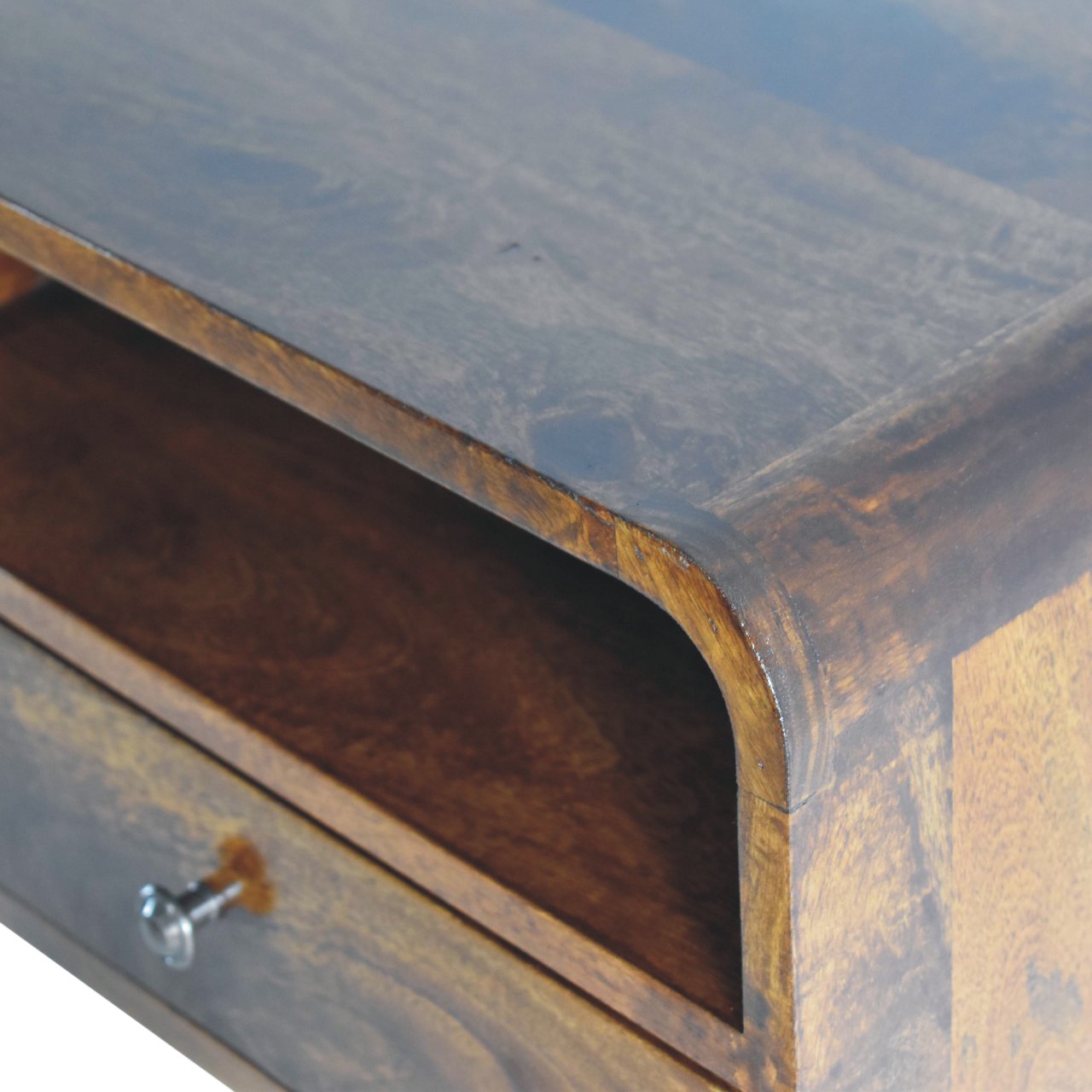 Solid Wood Floating Bedside, Large Curve 1 Drawer Open Slot, Dark Brown