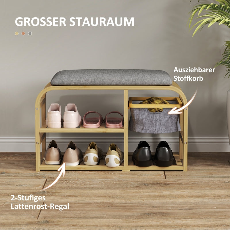 2-Tier Shoe Bench, Extendable Basket, 2 Shoe Shelves, Bamboo Grey