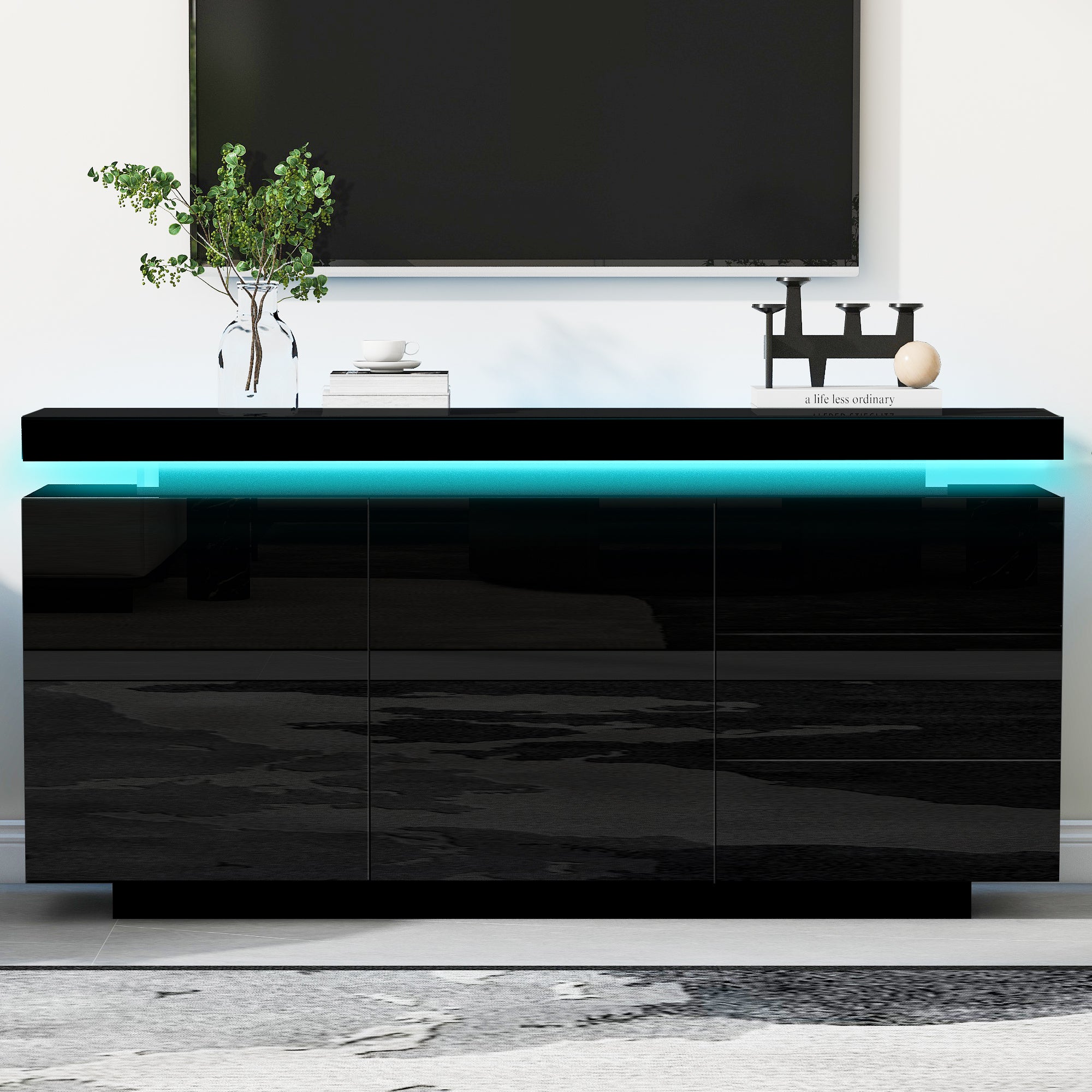 Modern Sideboard Cabinet High-Gloss LED Handleless 2 Doors 3 Drawers 140cm - Black