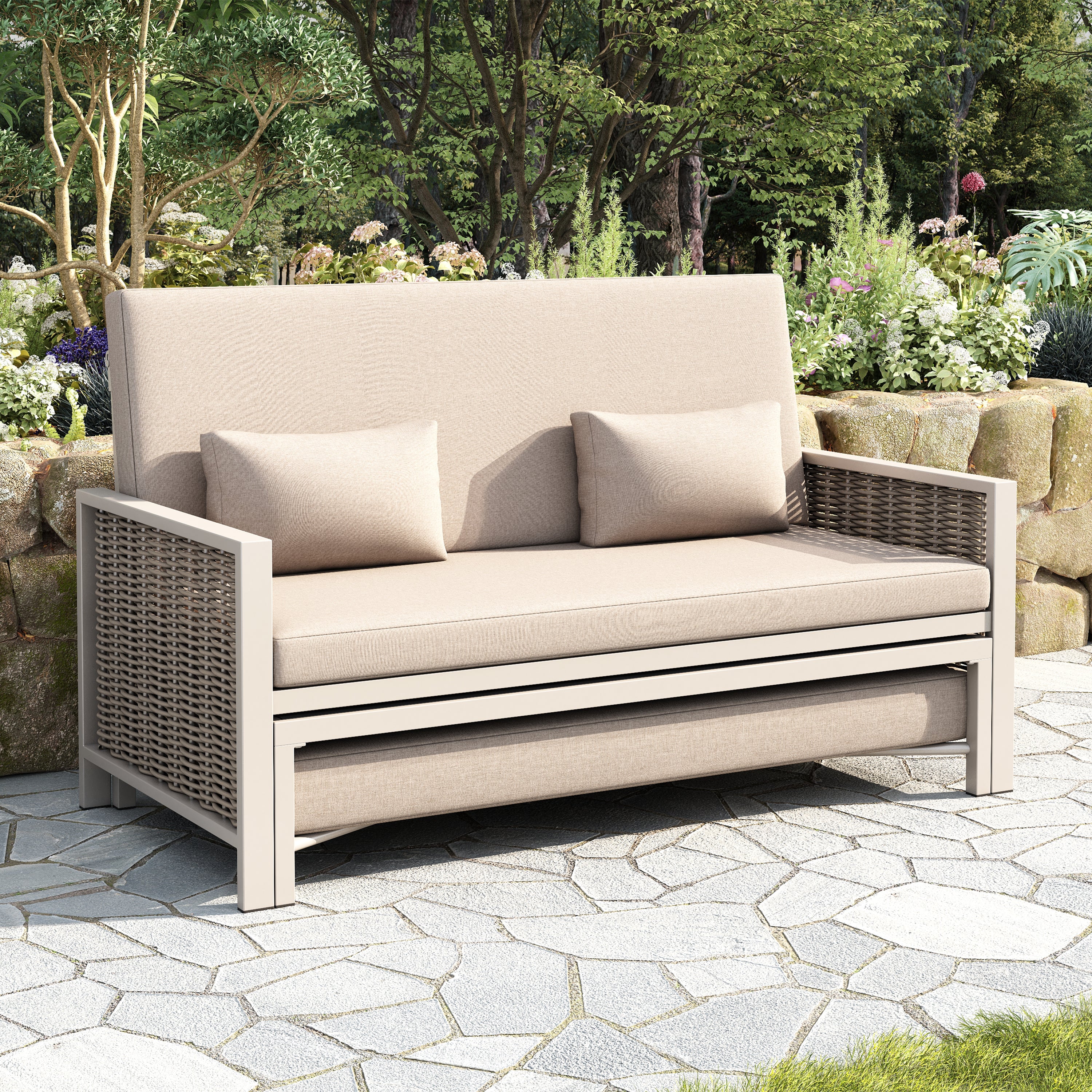 Outdoor Daybed with Adjustable Backrest and Retractable Footrest, Khaki and Beige