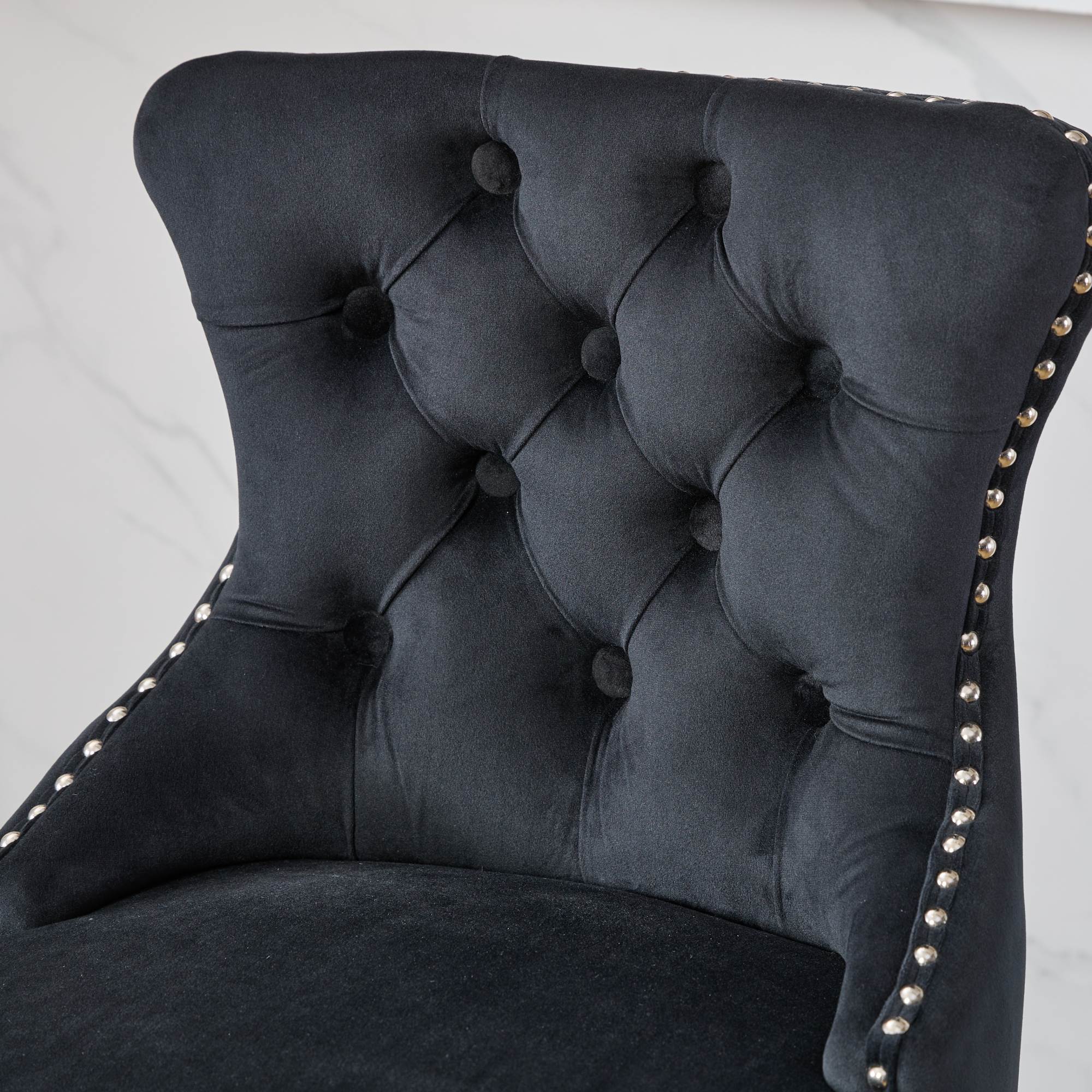 Swivel Velvet Barstools Button Tufted Wooden Legs Set of 2 - Black