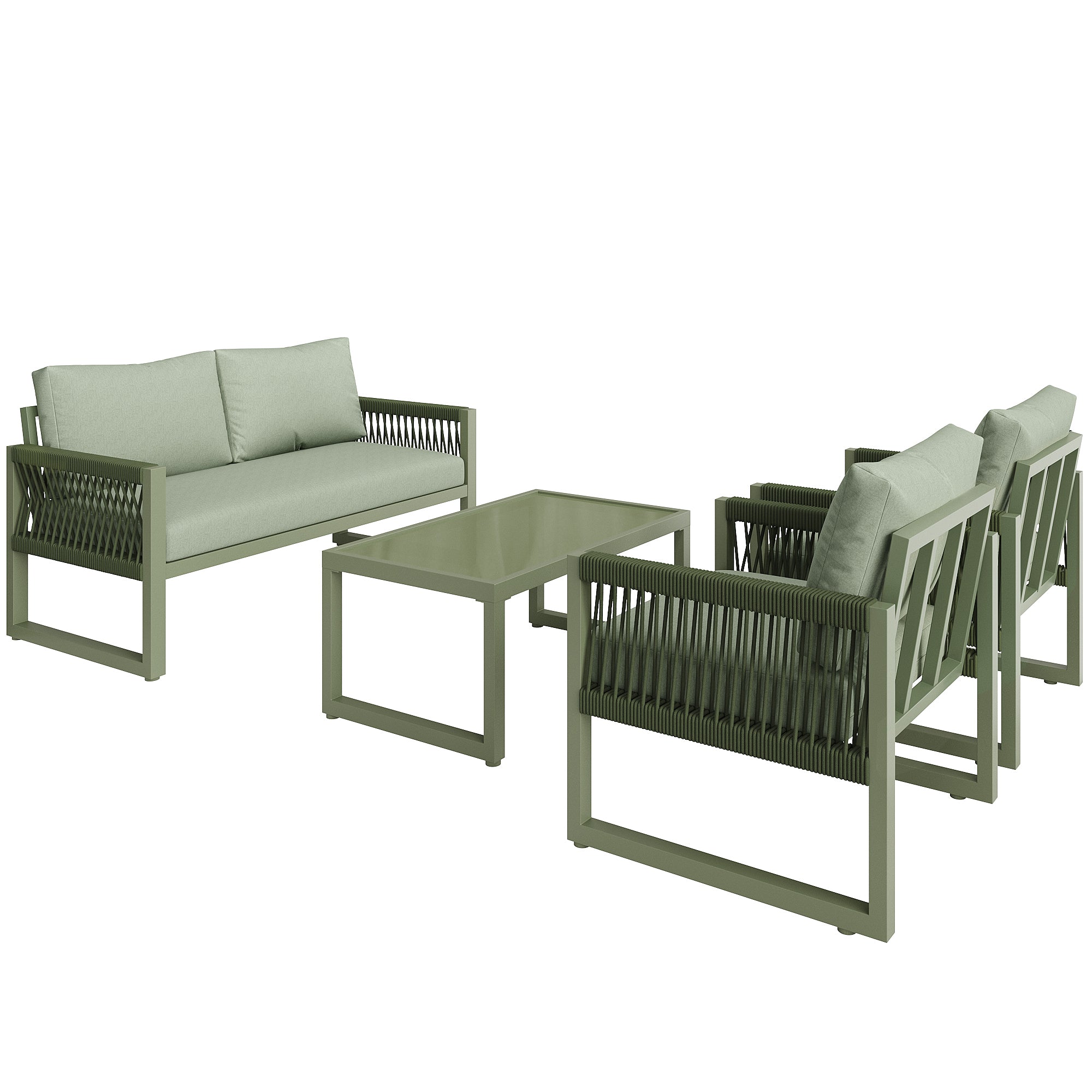 Garden Lounge Chair Set 4-Piece Rope/Iron Frame Glass Top - Green