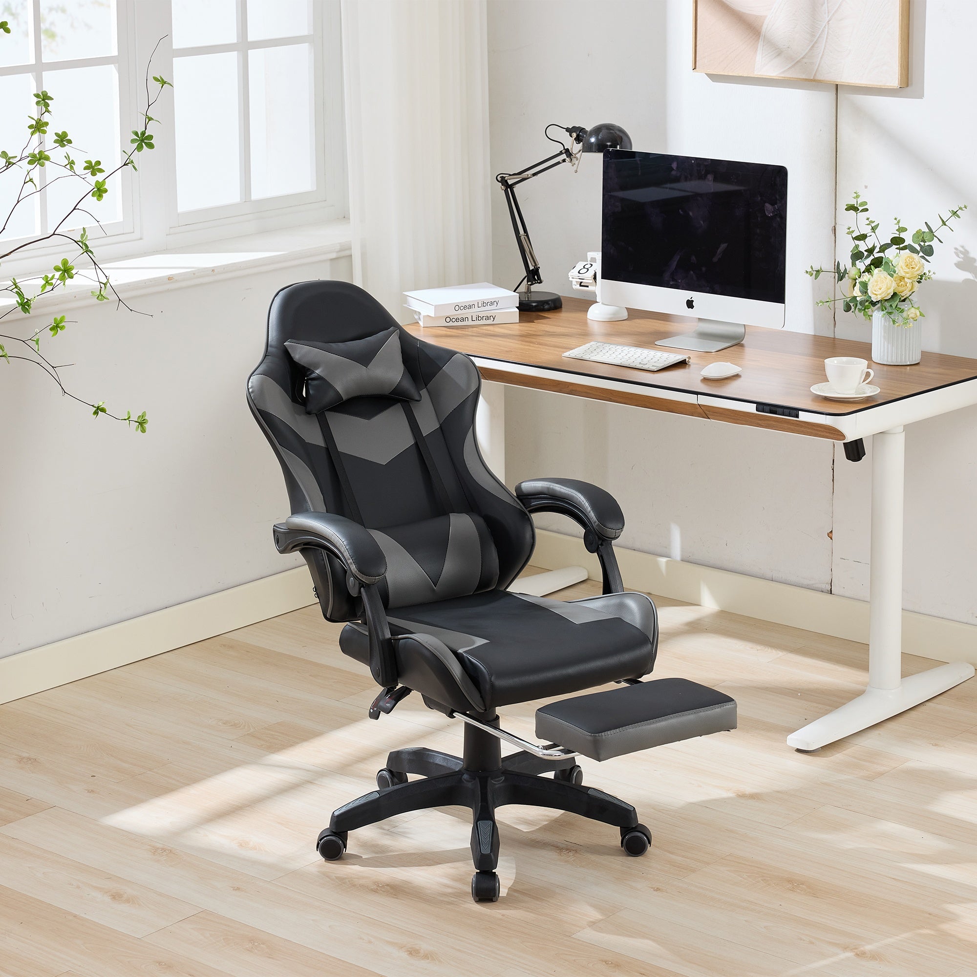 Gaming Chair Ergonomic Racing Design High-Back Adjustable Footrest & Lumbar Support Leather - Black & Grey