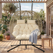 Double Hanging Egg Chair with Stand, Seat Cushion and Footrest, Outdoor/Indoor, Metal and Rattan